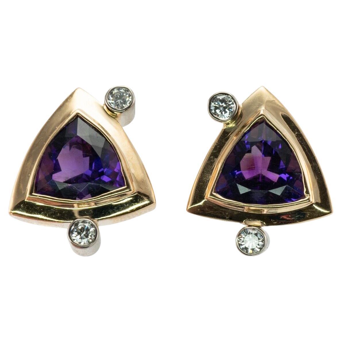 Trillion Amethyst-Ohrringe aus 14 Karat Gelbgold mit Diamanten
