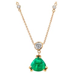 Diamond Trillion Cabochon Colombian Emerald Yellow Gold Drop Necklace