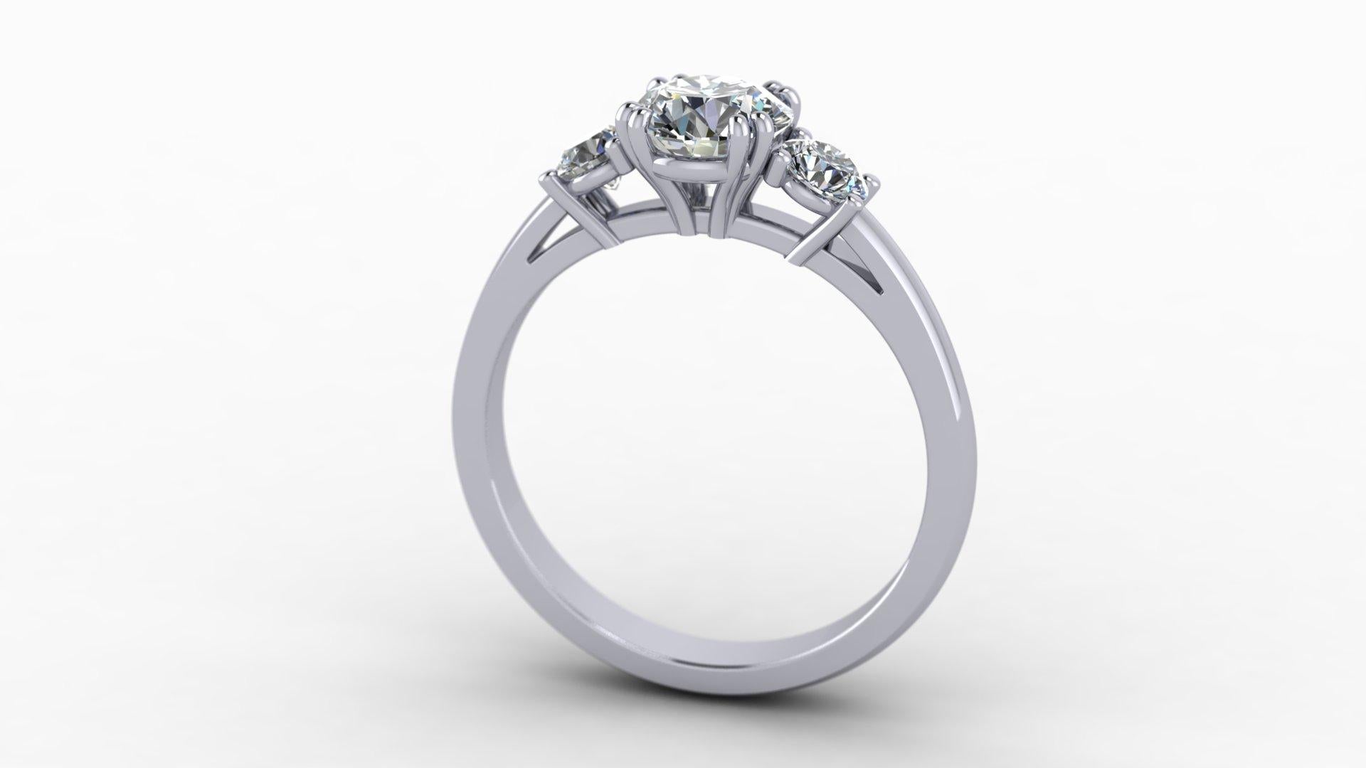 1 carat, round cut, E-VS2 centre stone (or bespoke, based on request), flanked with two 0.3 carat stones, mounted on platinum 950 band or 18k white gold.
