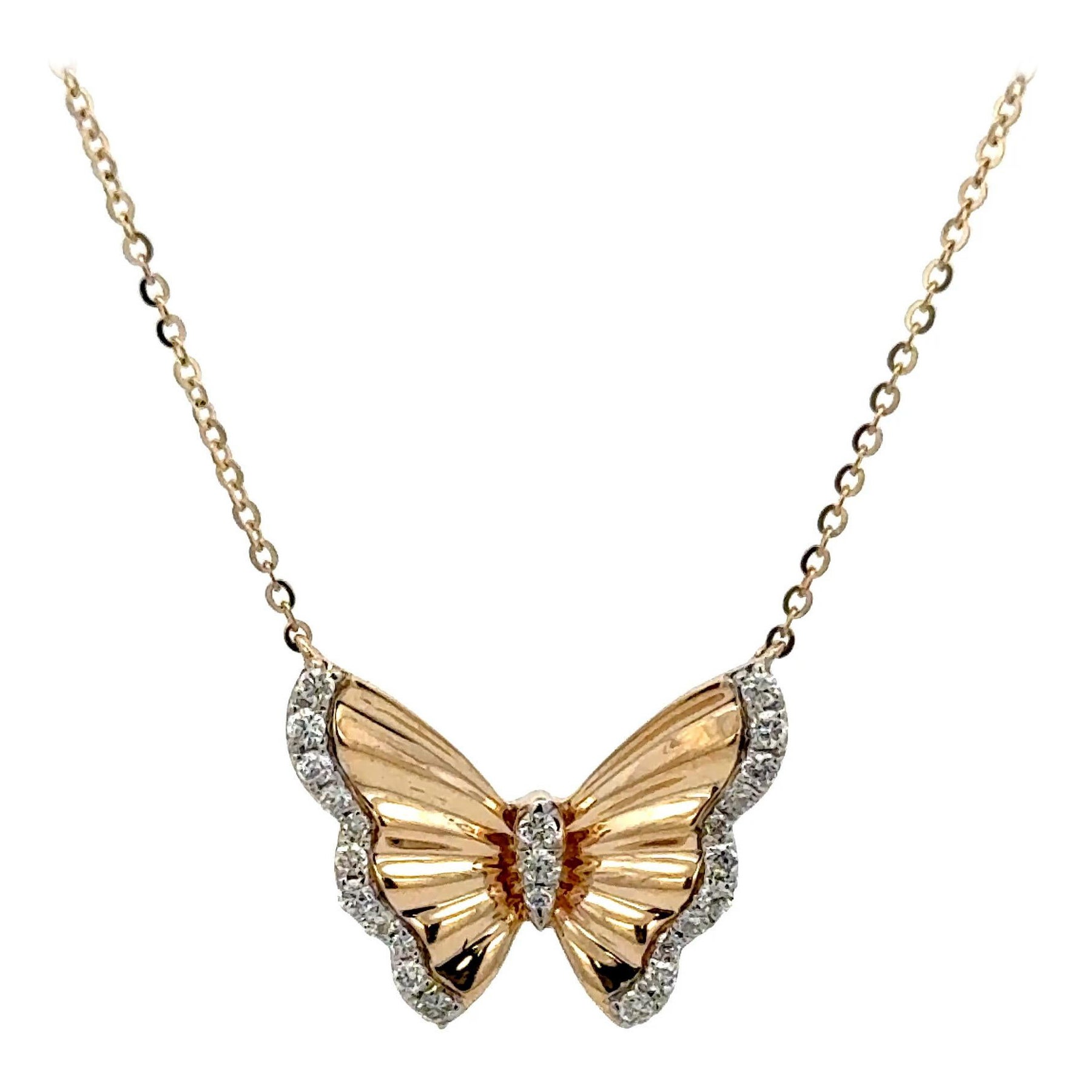 Diamond Trim Butterfly Pendant Necklace 0.35 Carats 14 Karat Yellow Gold