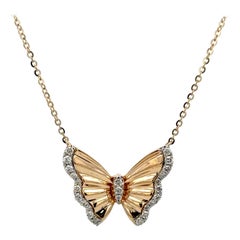 Diamond Trim Butterfly Pendant Necklace 0.35 Carats 14 Karat Yellow Gold