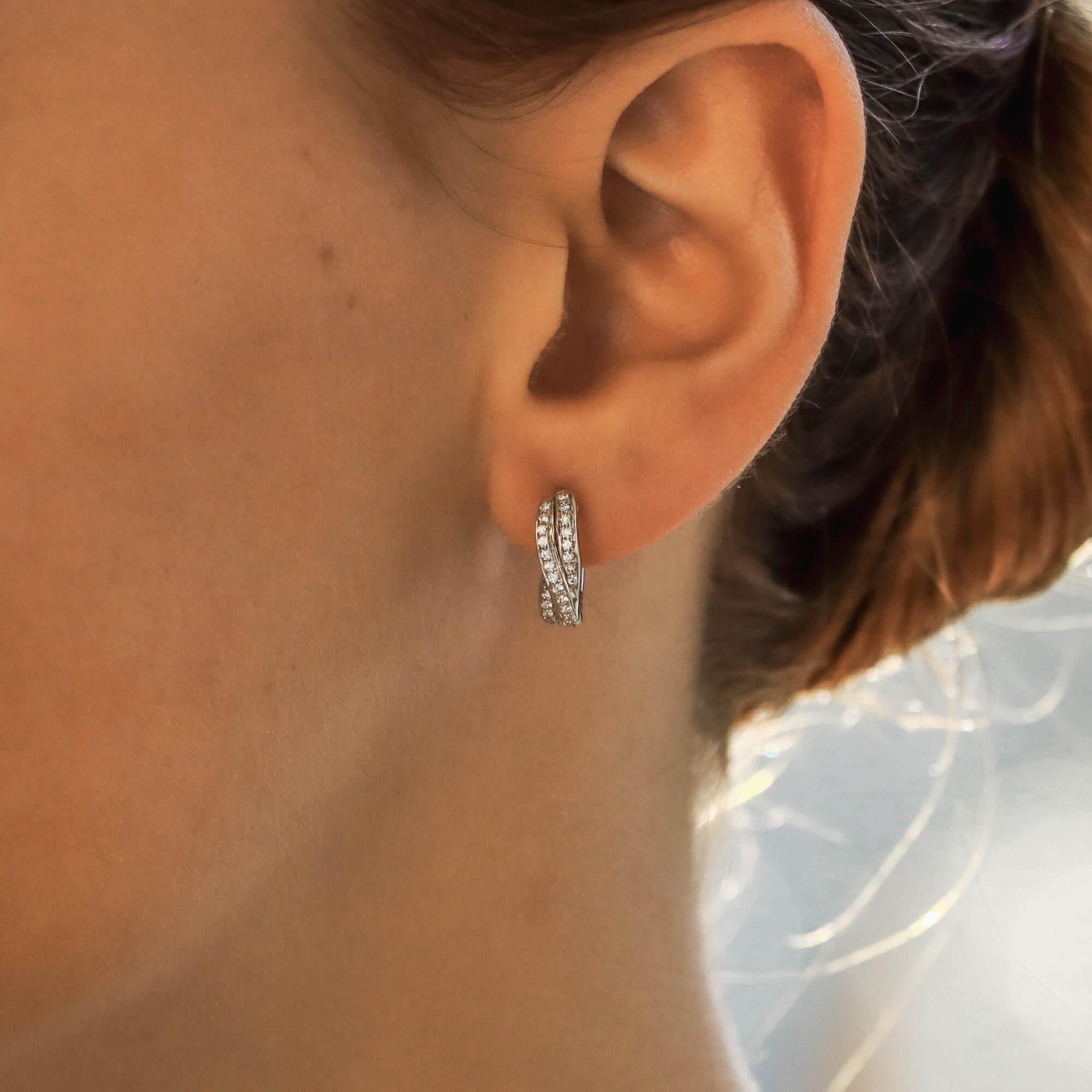 Diamond Trinity Huggy Hoop Earrings Set in 18 Karat White Gold In Good Condition In London, GB