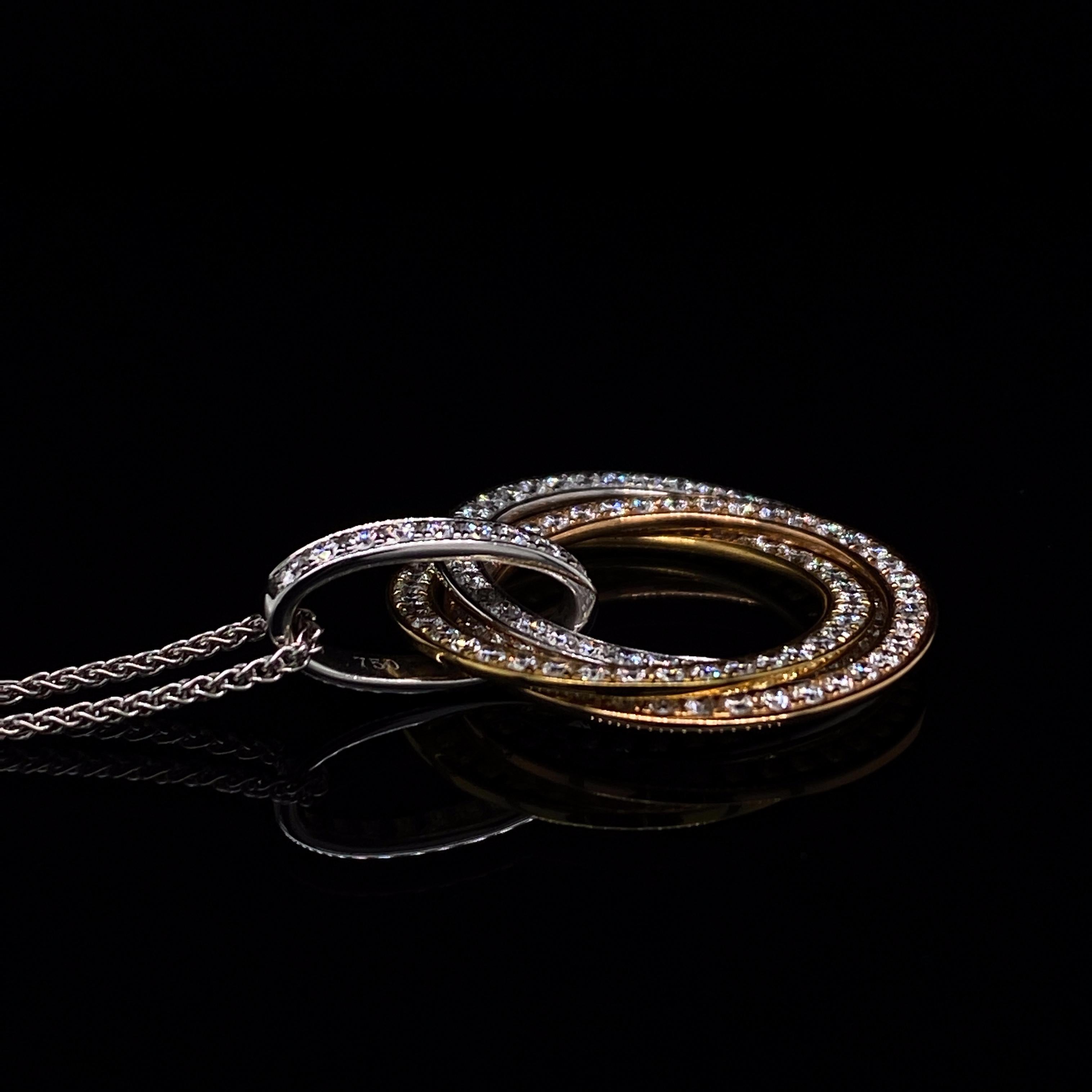 Modern Diamond Trinity Pendant Necklace 18 Karat White Gold For Sale