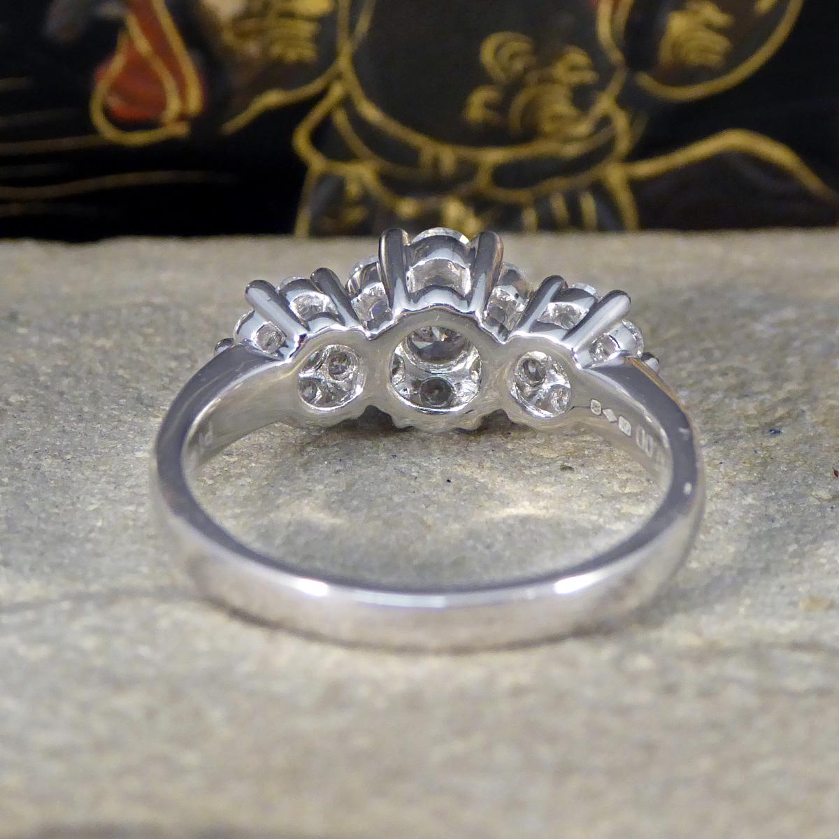 Brilliant Cut Diamond Triple Daisy Cluster Illusion Three Stone Ring in Platinum