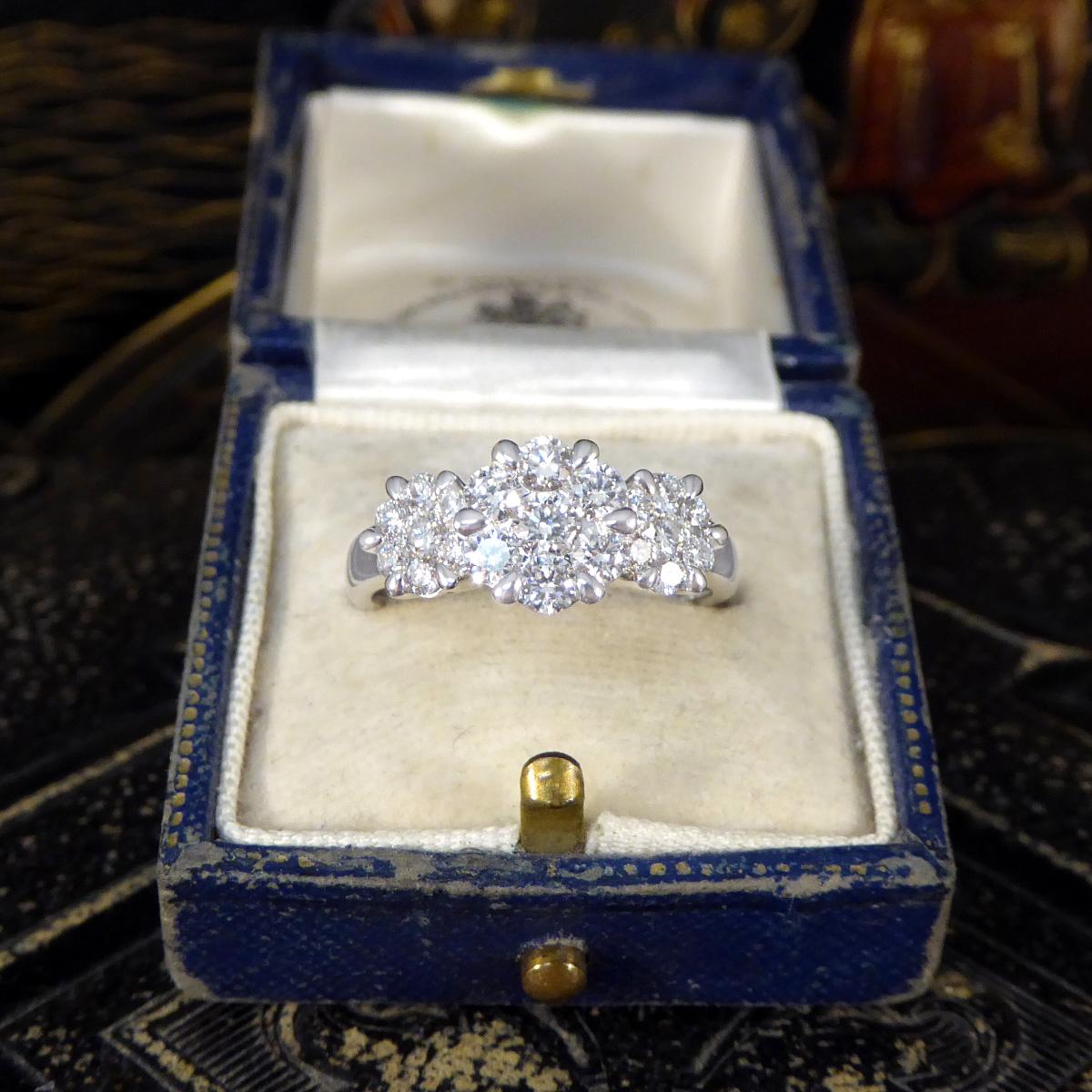 Diamond Triple Daisy Cluster Illusion Three Stone Ring in Platinum 1