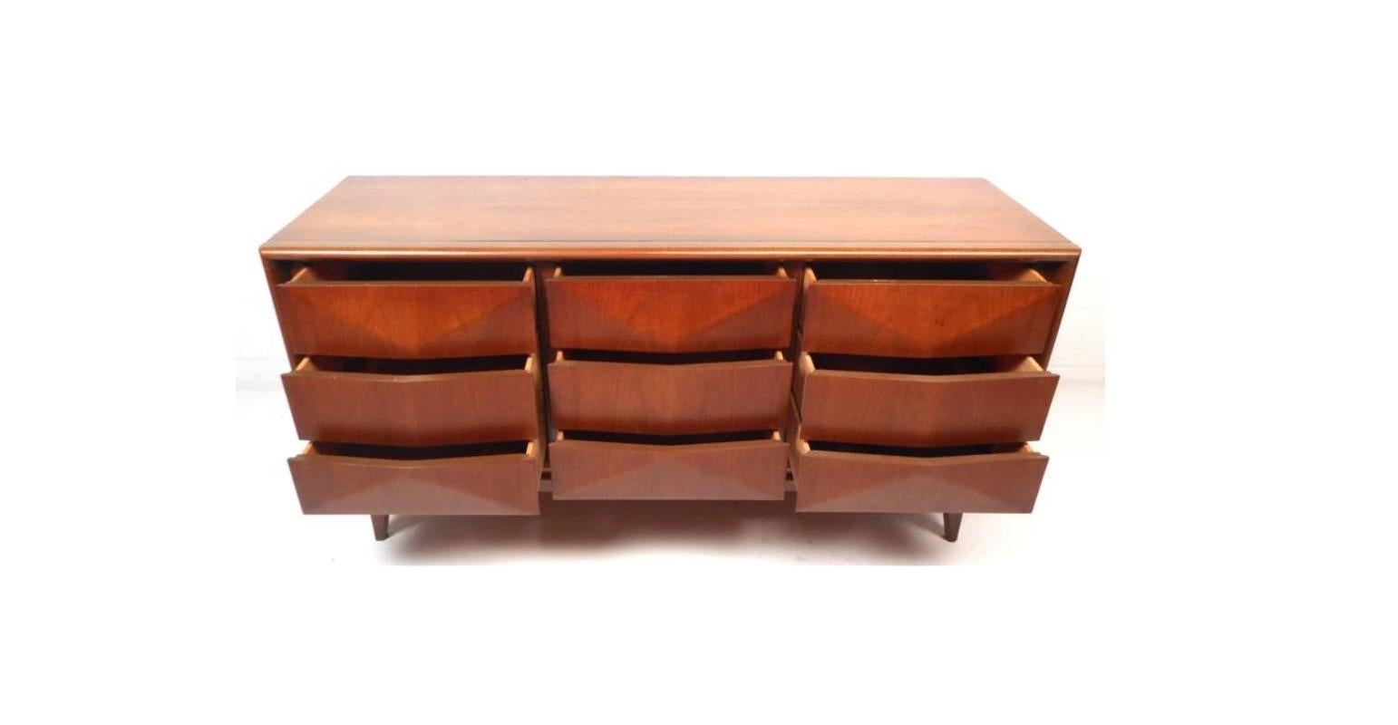 Expertly Restored United Furniture Walnut Diamond Triple Dresser 9 Drawers 1960s 4