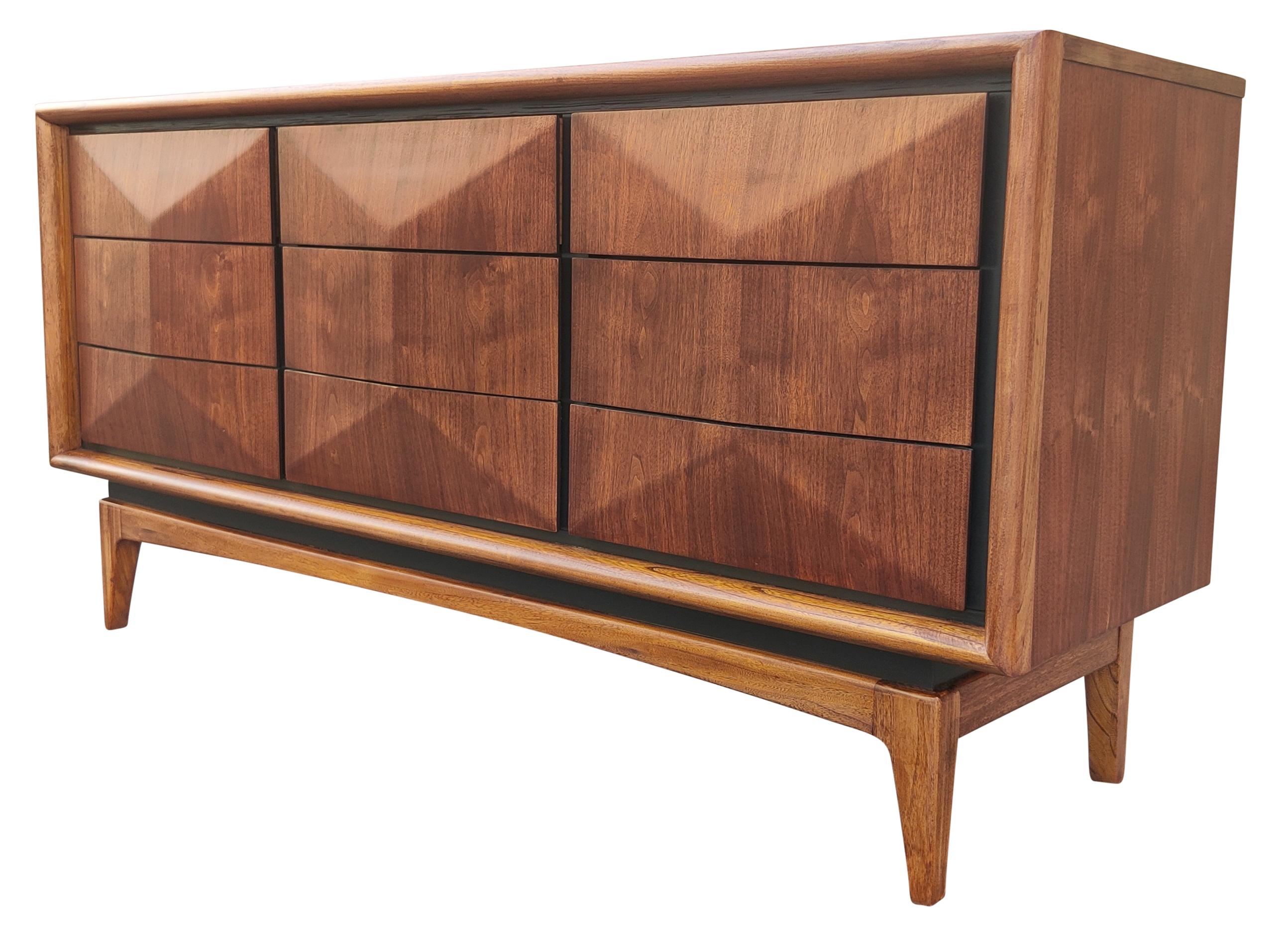 American Expertly Restored United Furniture Walnut Diamond Triple Dresser 9 Drawers 1960s