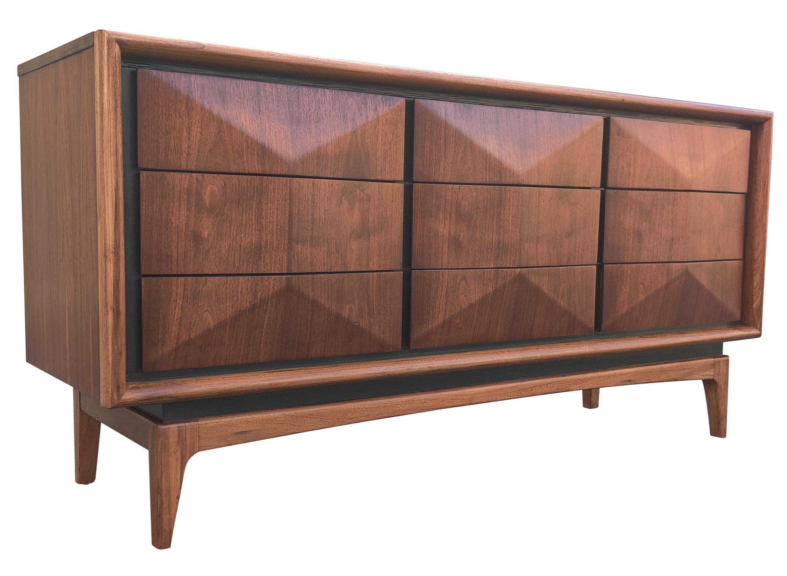 Enameled Expertly Restored United Furniture Walnut Diamond Triple Dresser 9 Drawers 1960s