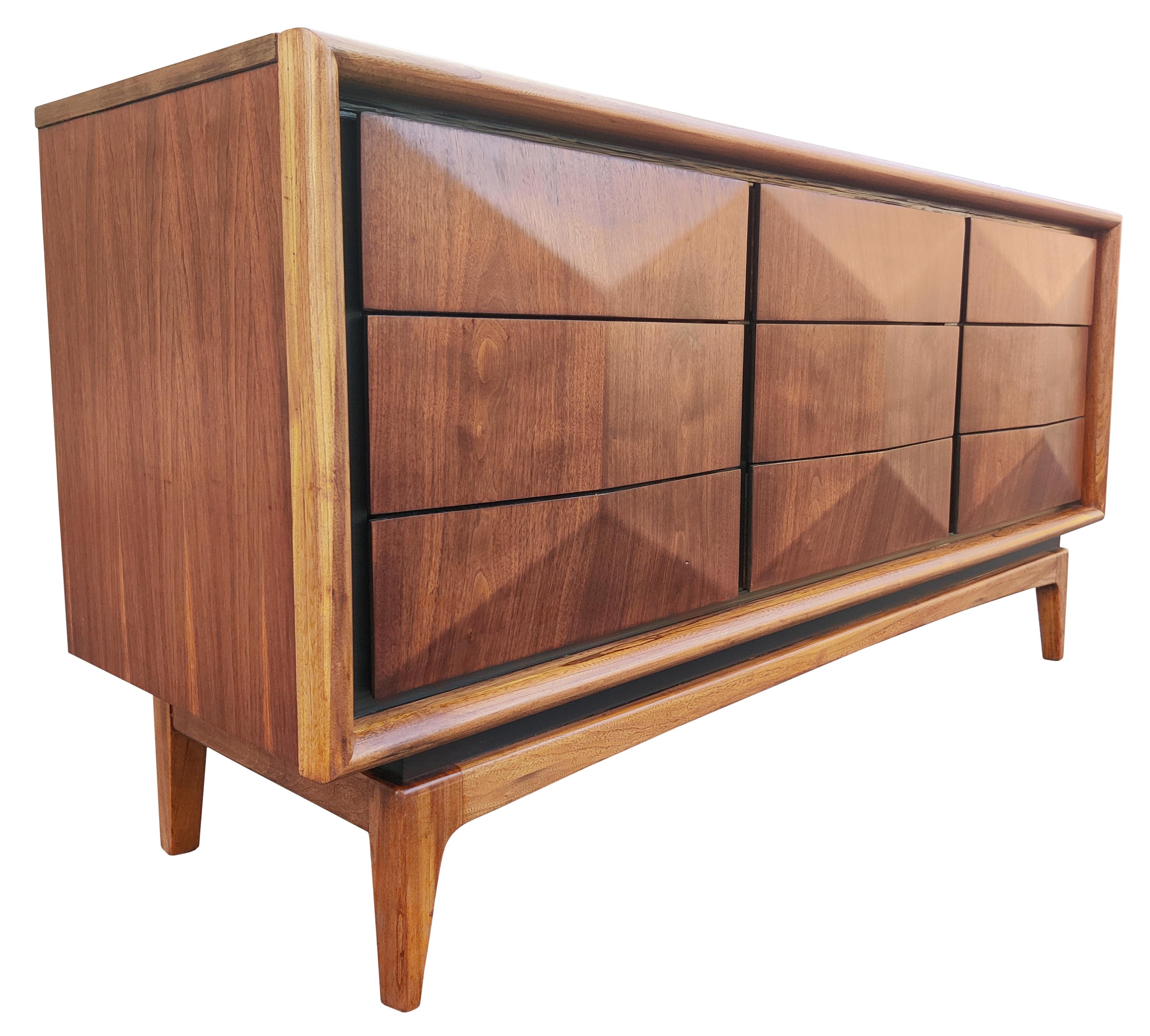 Expertly Restored United Furniture Walnut Diamond Triple Dresser 9 Drawers 1960s 1
