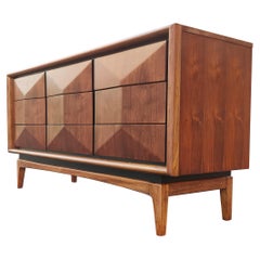 Vintage Expertly Restored United Furniture Walnut Diamond Triple Dresser 9 Drawers 1960s