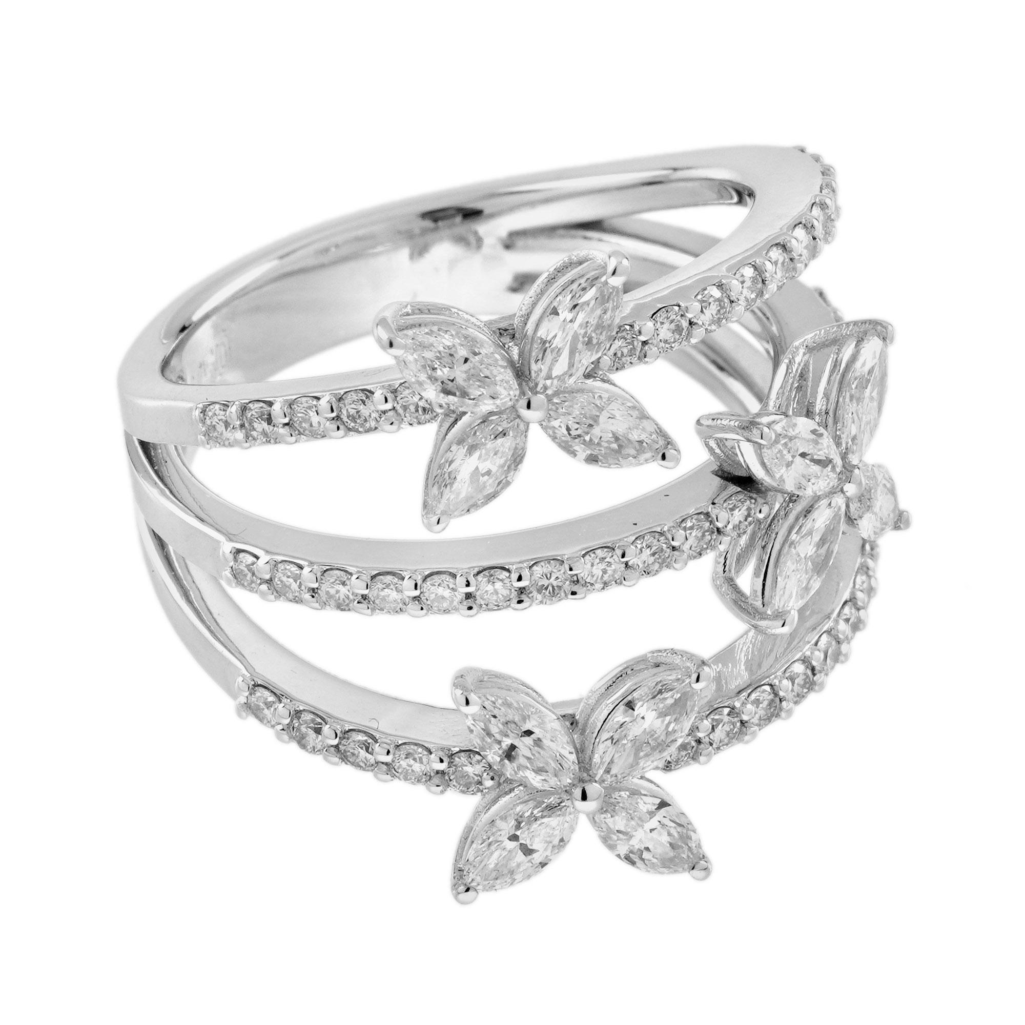 Diamant Dreifacher geblümter mehrreihiger Bandring aus 18 Karat Weißgold mit Diamanten (Edwardian)