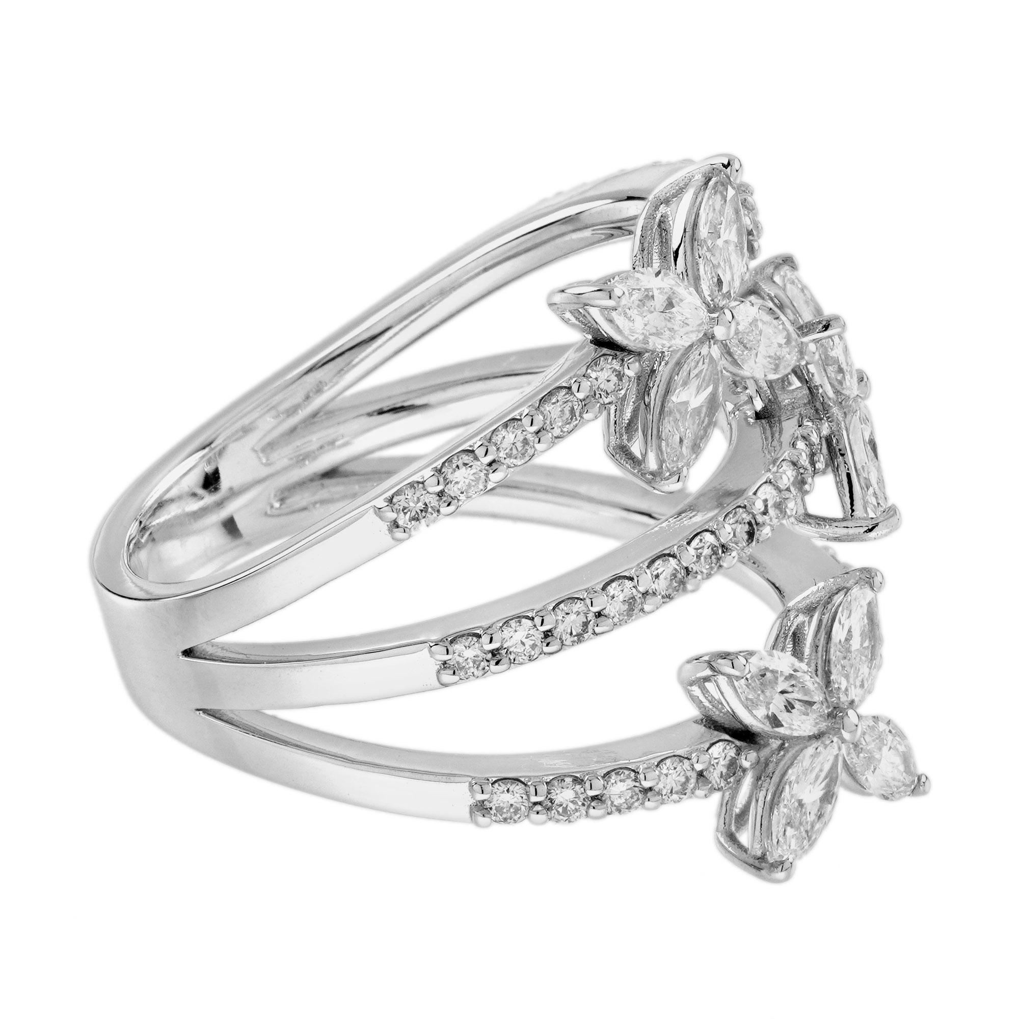 Diamant Dreifacher geblümter mehrreihiger Bandring aus 18 Karat Weißgold mit Diamanten (Marquiseschliff)