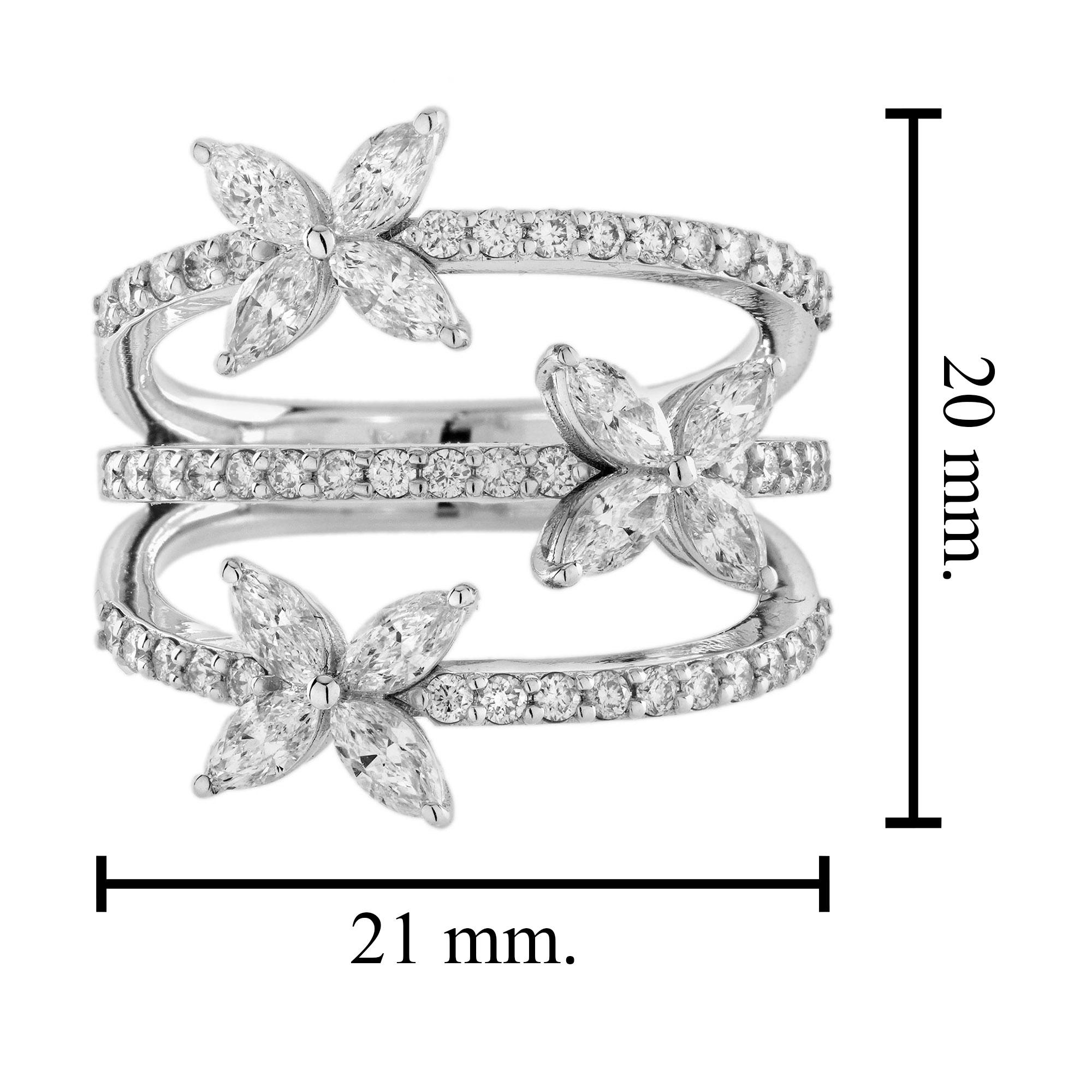 Diamant Dreifacher geblümter mehrreihiger Bandring aus 18 Karat Weißgold mit Diamanten 1
