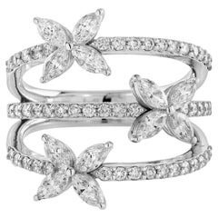 Diamant Dreifacher geblümter mehrreihiger Bandring aus 18 Karat Weißgold mit Diamanten