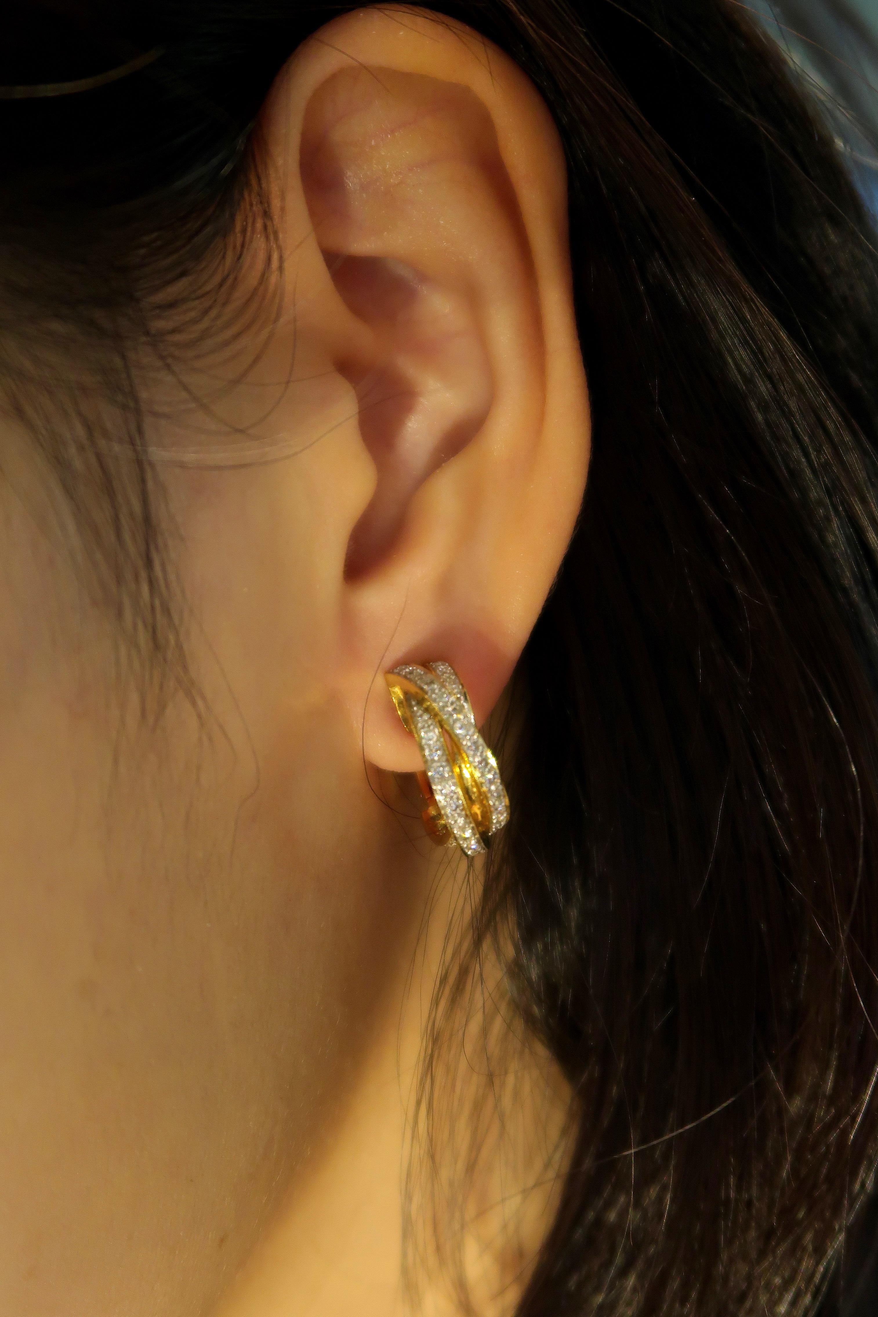 Brilliant Cut Diamond Triple Layer 18 Karat Yellow Gold Huggies Earrings For Sale