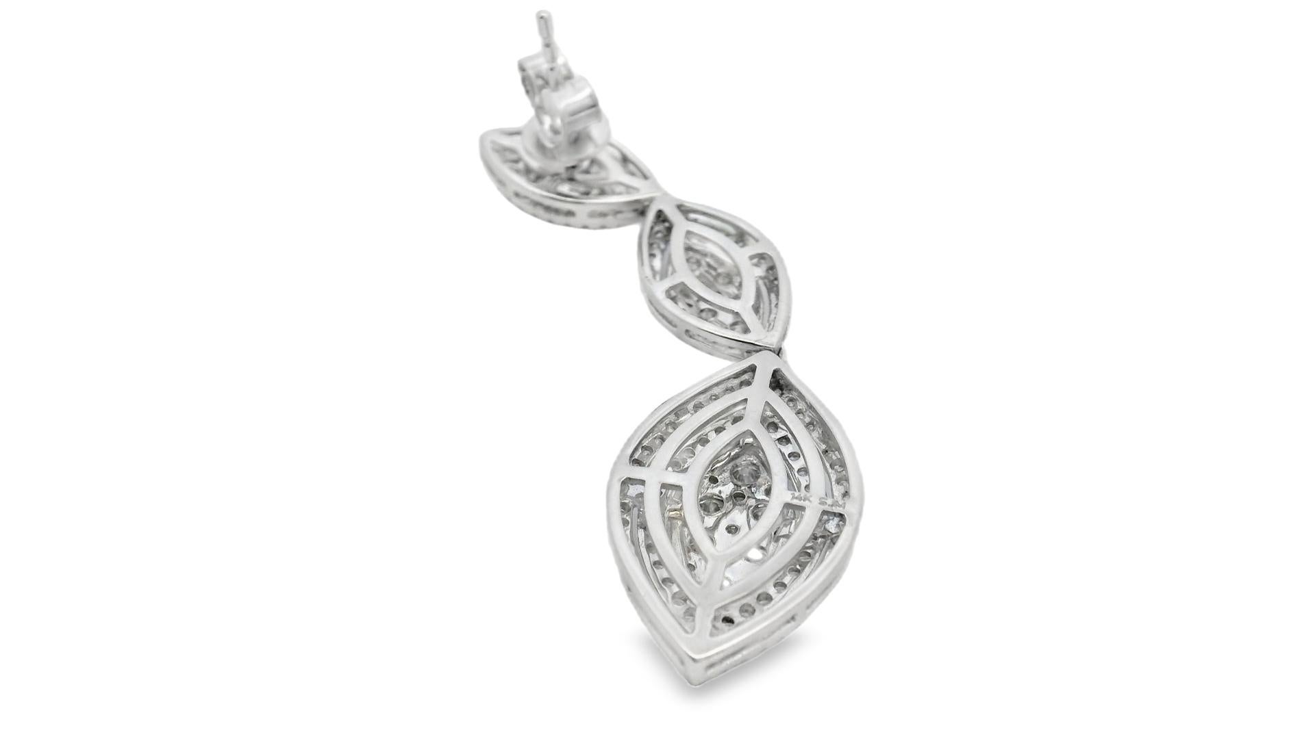 Women's Diamond Triple Marquise Drop Earrings 3.00ct in 14K White Gold For Sale