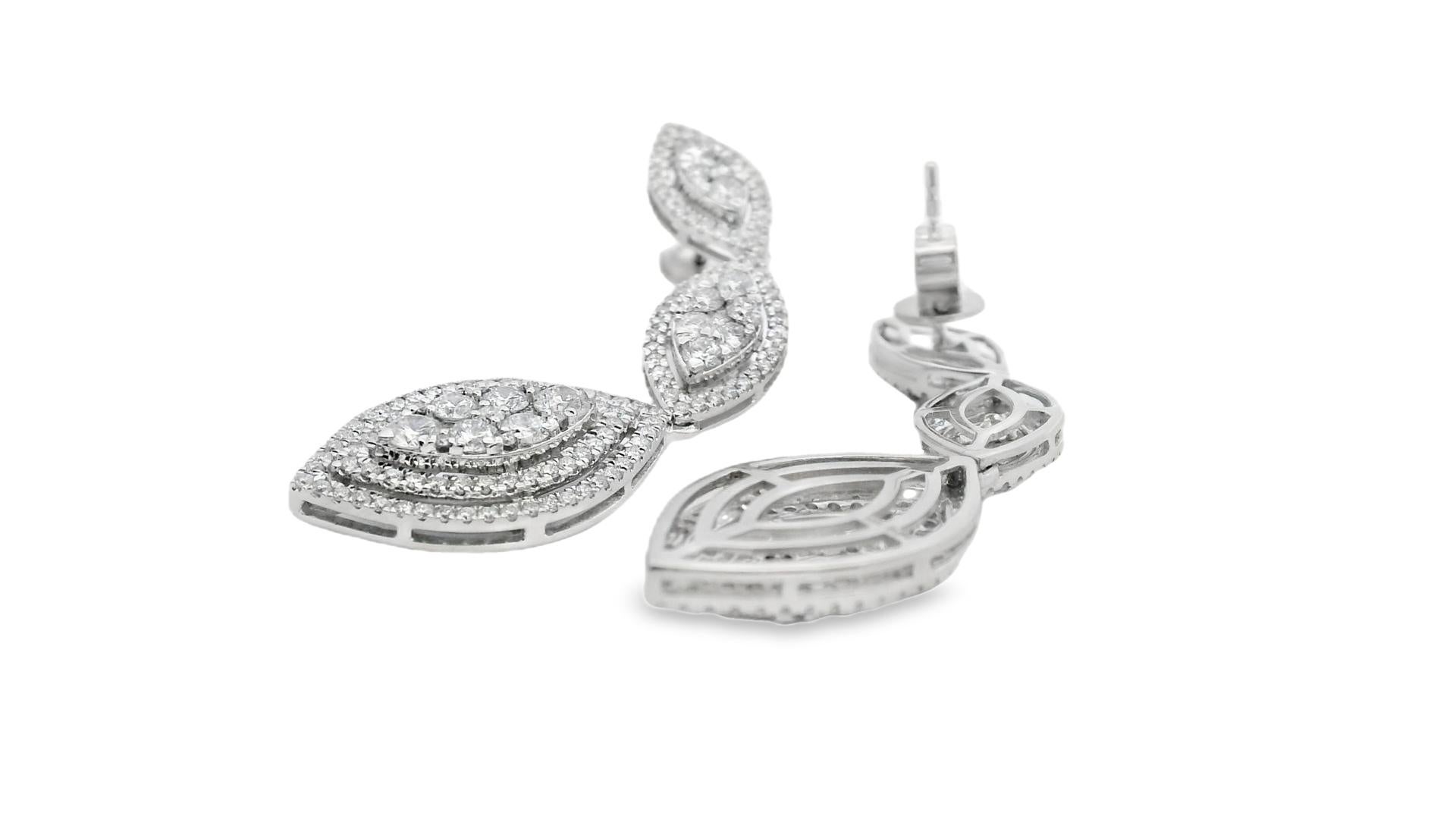 Diamond Triple Marquise Drop Earrings 3.00ct in 14K White Gold For Sale 1
