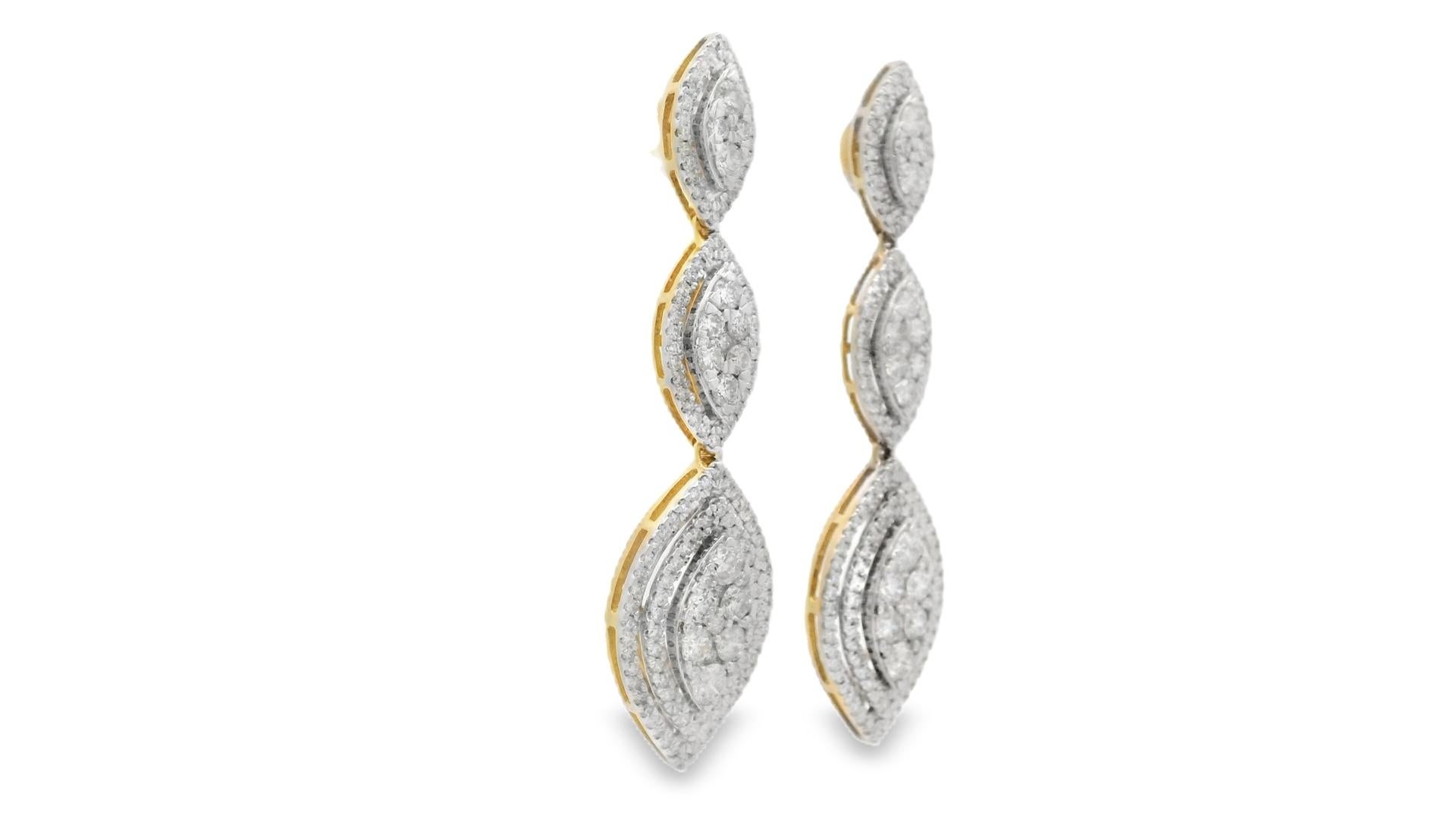 Diamond Triple Marquise Drop Earrings 3.00ct in 14K Yellow Gold Corte redondo en venta