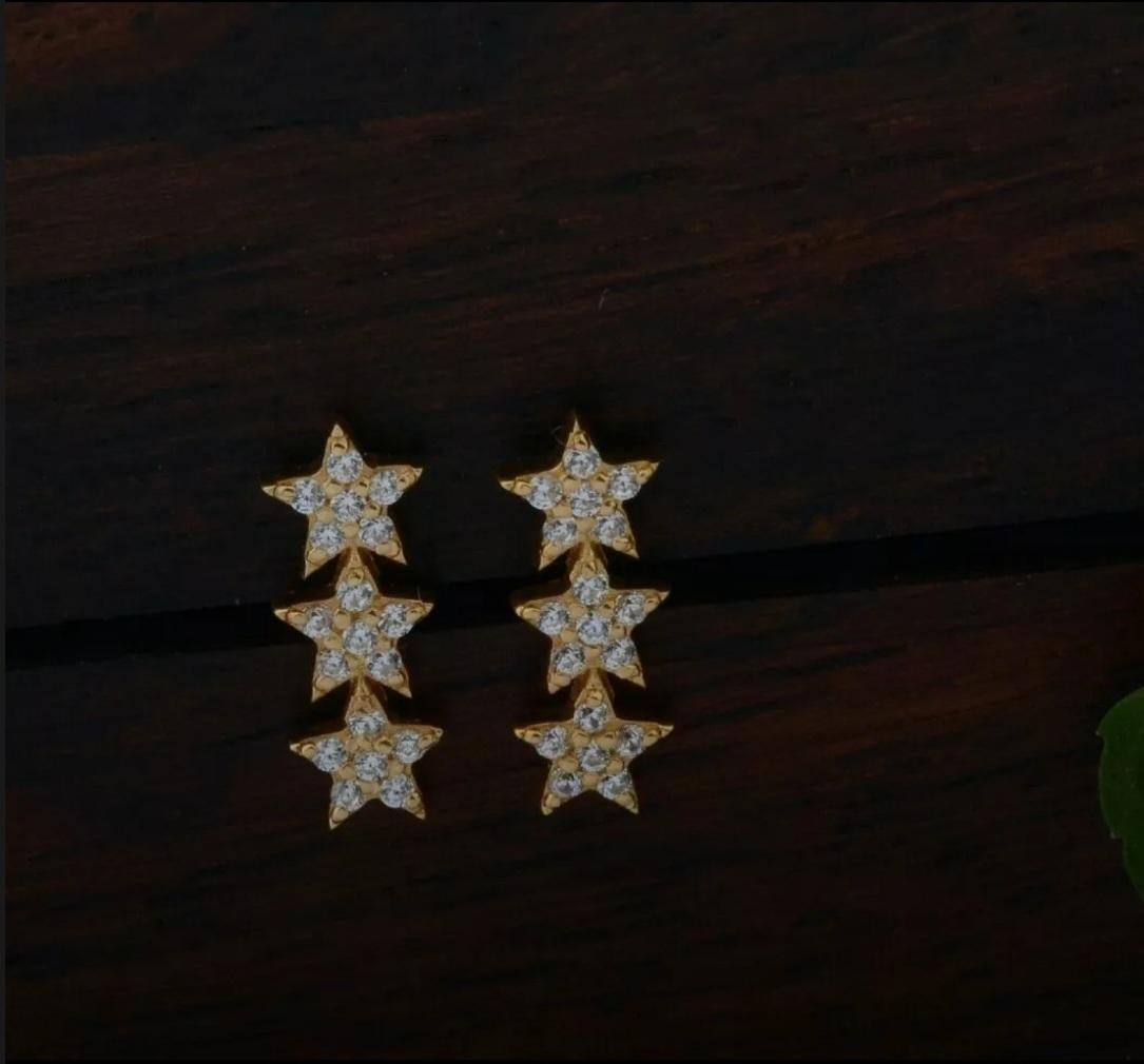 Diamond Triple Sparkling Stars Stud Earrings 14k Solid Gold Star Bar Jewelry. For Sale 5