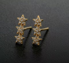 Diamond Triple Sparkling Stars Stud Earrings 14k Solid Gold Star Bar Jewelry.