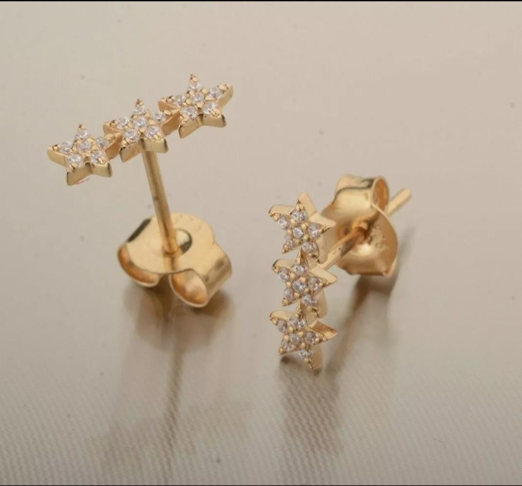 Art Deco Diamond Triple Sparkling Stars Stud Earrings 14k Solid Gold Star Bar Jewelry. For Sale