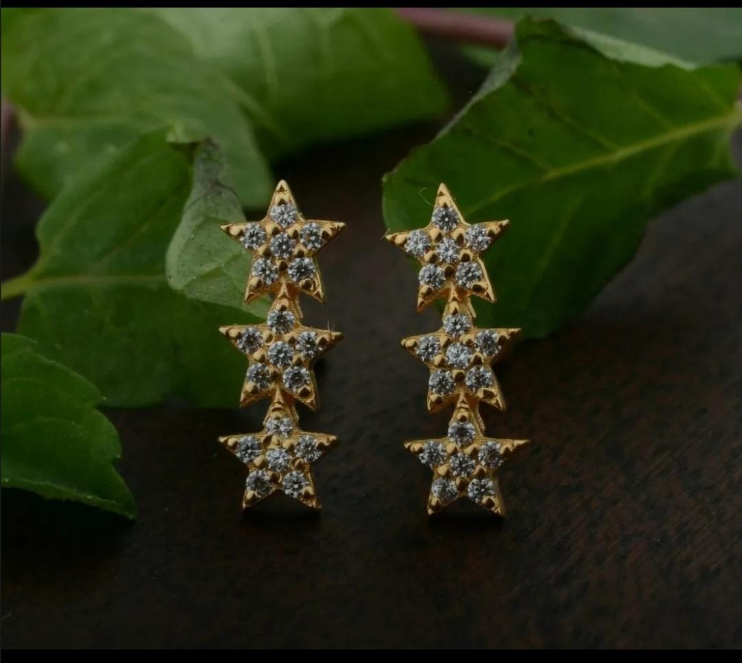 Round Cut Diamond Triple Sparkling Stars Stud Earrings 14k Solid Gold Star Bar Jewelry. For Sale