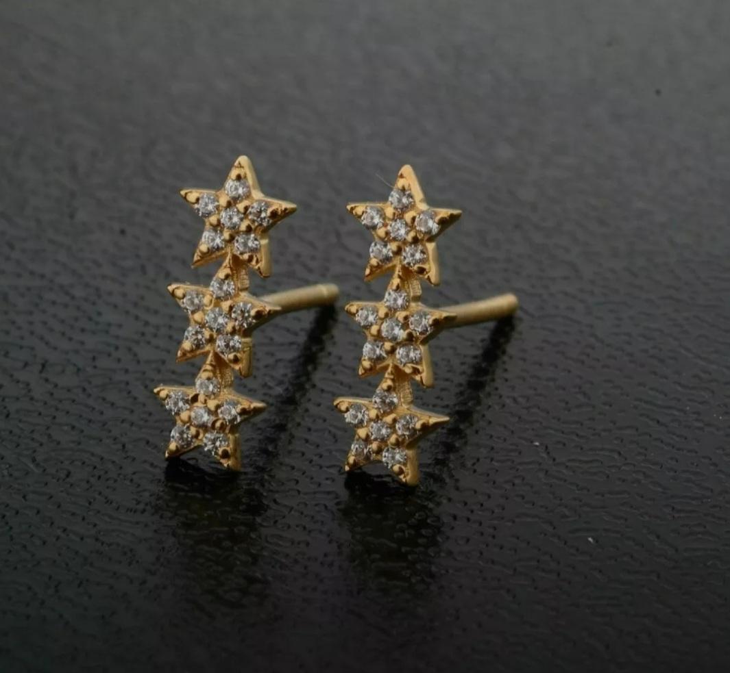 Diamond Triple Sparkling Stars Stud Earrings 14k Solid Gold Star Bar Jewelry. For Sale 1