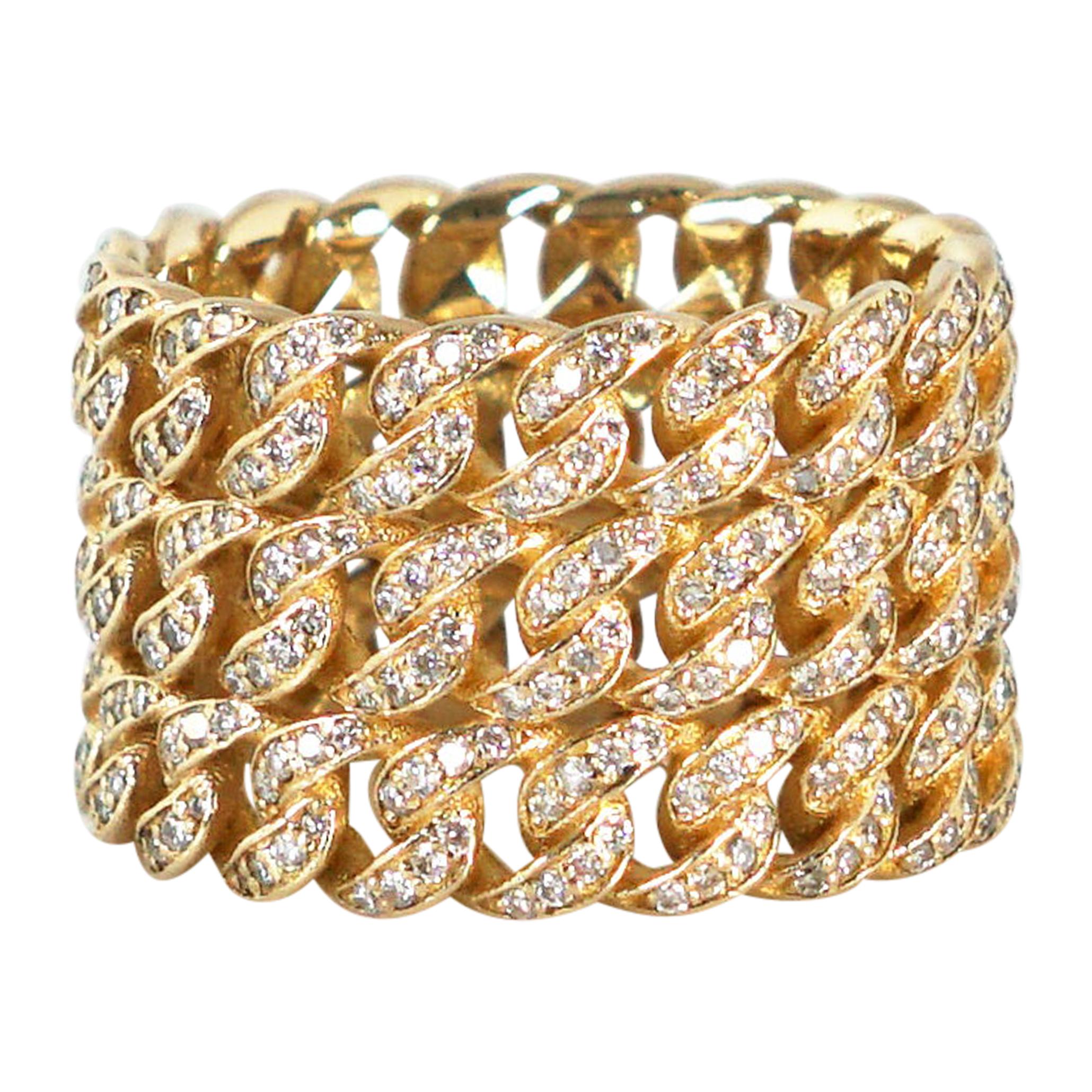 Diamond Triple Stack Cuban Link Ring, Yellow Gold For Sale