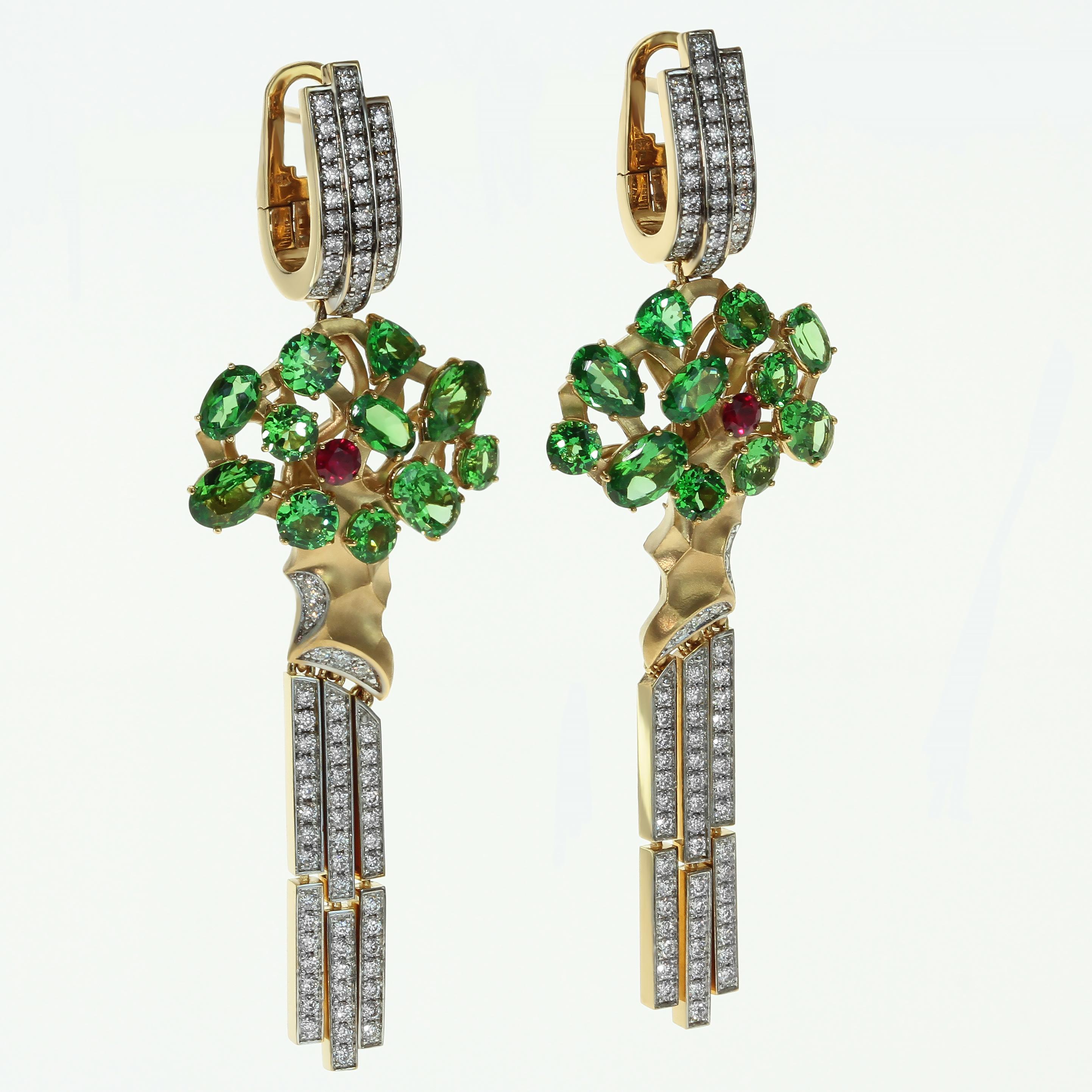 Diamond Tsavorite 18 Karat Yellow Gold Eden Tree Earrings

Everybody knows the story about Eden Tree, the Story of Life. 
Now you also can see how It looks like. Tsavorites as the leafs, Ruby as the Apple and Diamonds Symbolised the roots. 

63x21
