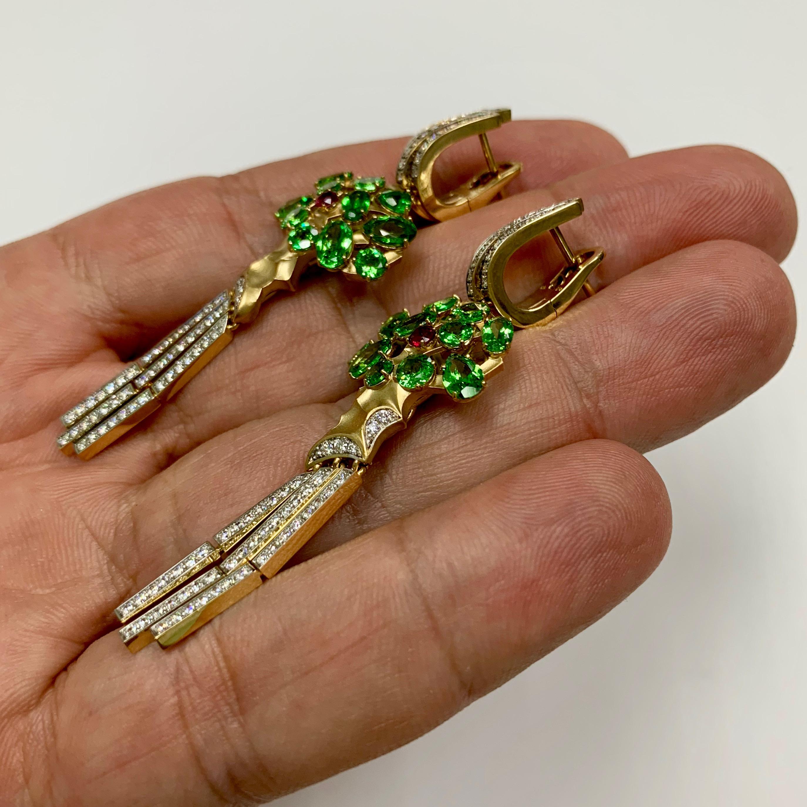 Oval Cut Diamond Tsavorite 18 Karat Yellow Gold Eden Tree Earrings For Sale