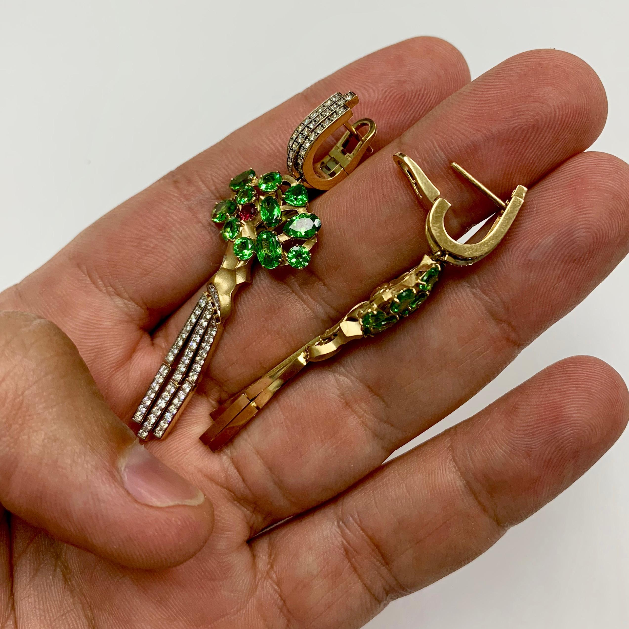 Women's or Men's Diamond Tsavorite 18 Karat Yellow Gold Eden Tree Earrings For Sale