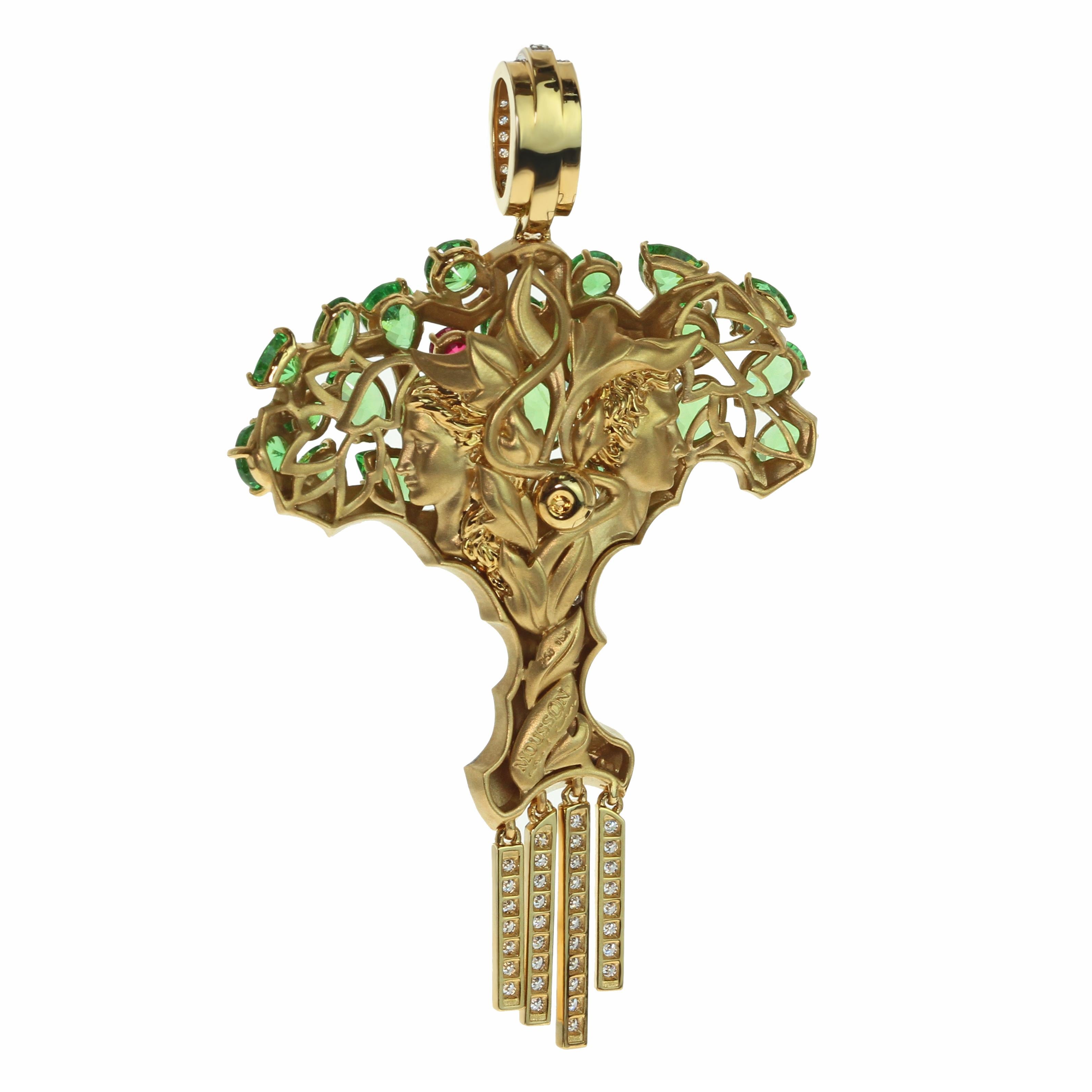 Diamond Tsavorite 18 Karat Yellow Gold Eden Tree Pendant
Everybody knows the story about Eden Tree, the Story of Life. 
Now you also can see how It looks like. Tsavorites as the leafs, Ruby as the Apple and Diamonds Symbolised the roots. On the back