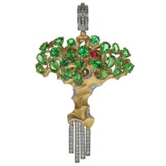 Diamond Tsavorite 18 Karat Yellow Gold Eden Tree Pendant