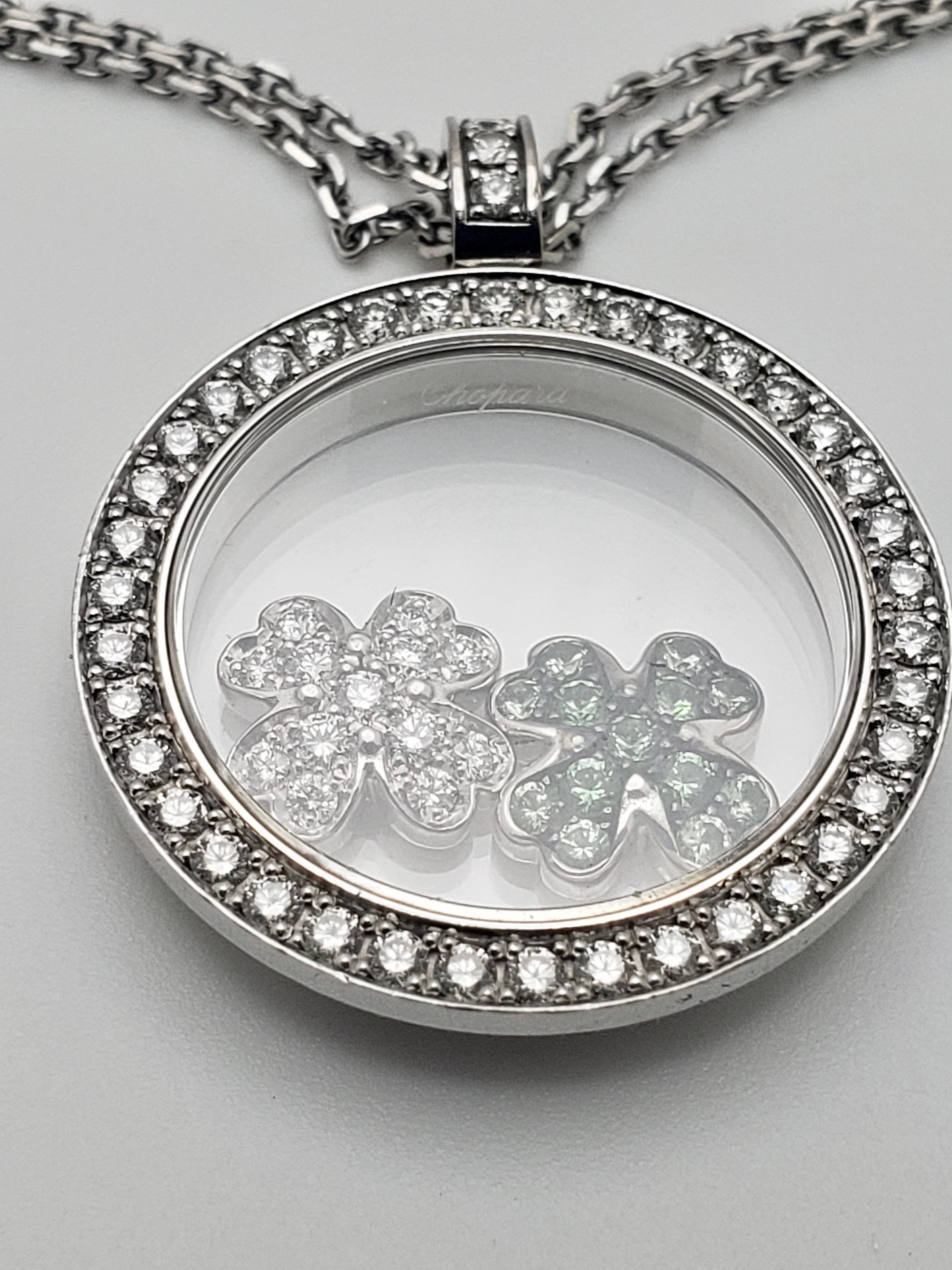 Round Cut Diamond Tsavorite 18K White Gold Chopard Happy Diamond Irish Clover Pendant For Sale