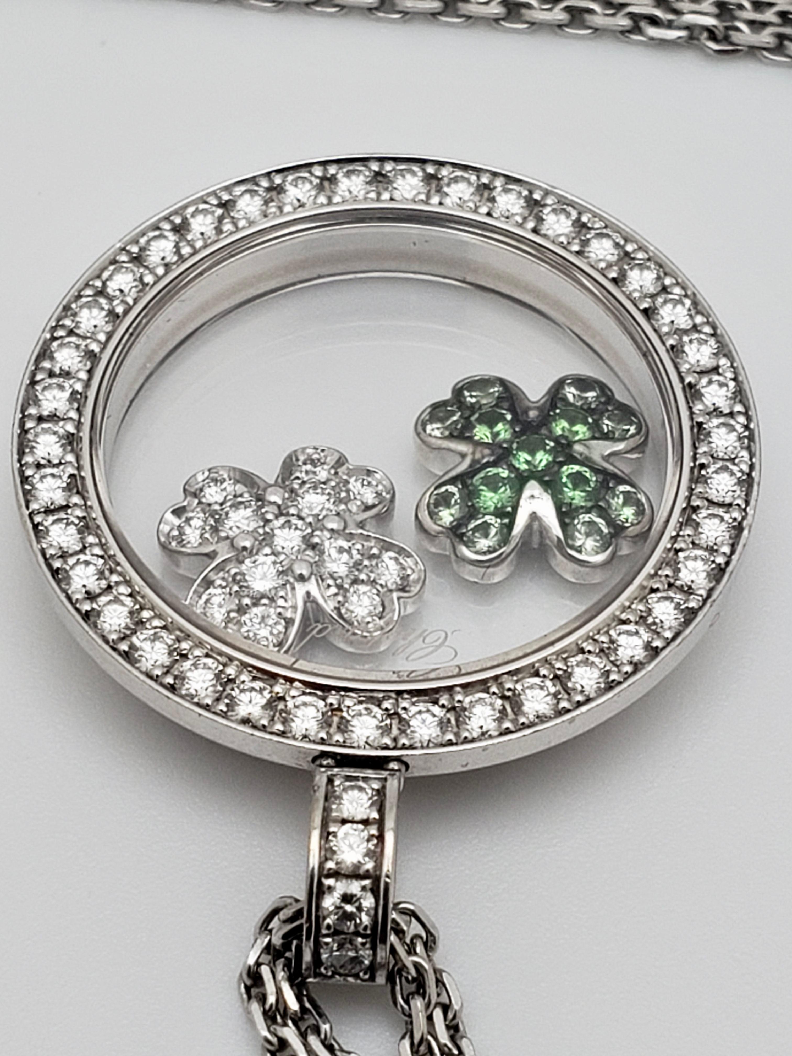 Women's or Men's Diamond Tsavorite 18K White Gold Chopard Happy Diamond Irish Clover Pendant For Sale