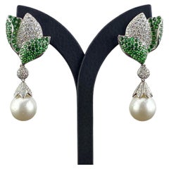 Diamond, Tsavorite and Pearl Dangle Earrings