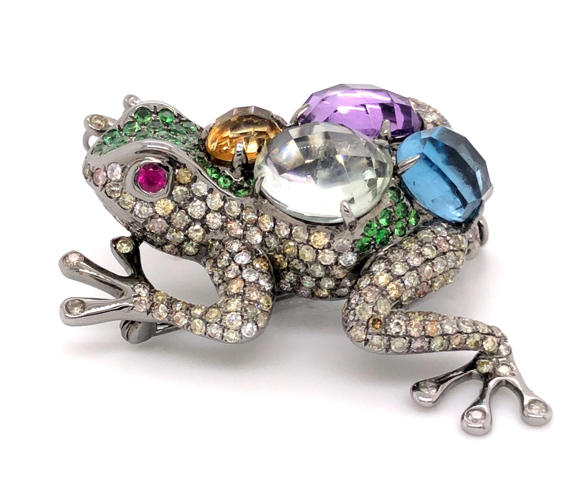 Men's Diamond Tsavorite and Ruby Multi-coloured Back Frog Pendant and Brooch For Sale