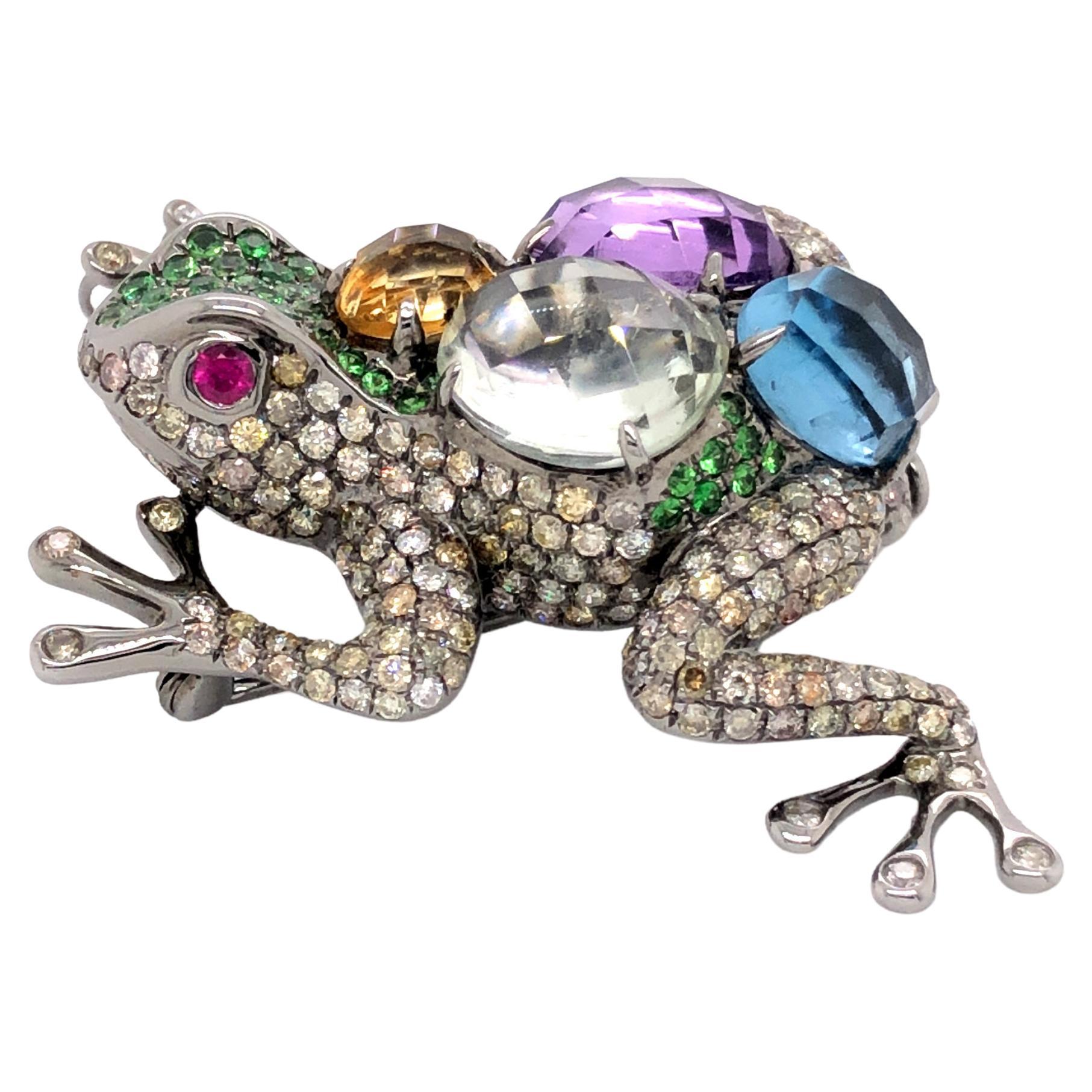 Diamond Tsavorite and Ruby Multi-coloured Back Frog Pendant and Brooch For Sale