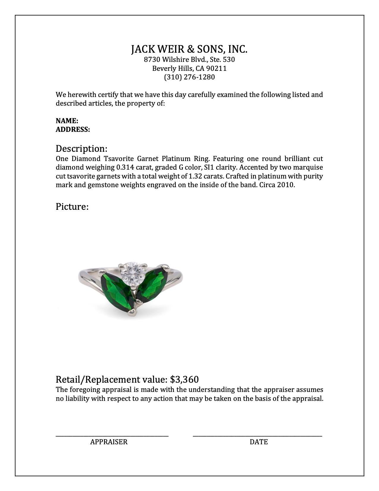 Women's or Men's Diamond Tsavorite Garnet Platinum Ring For Sale