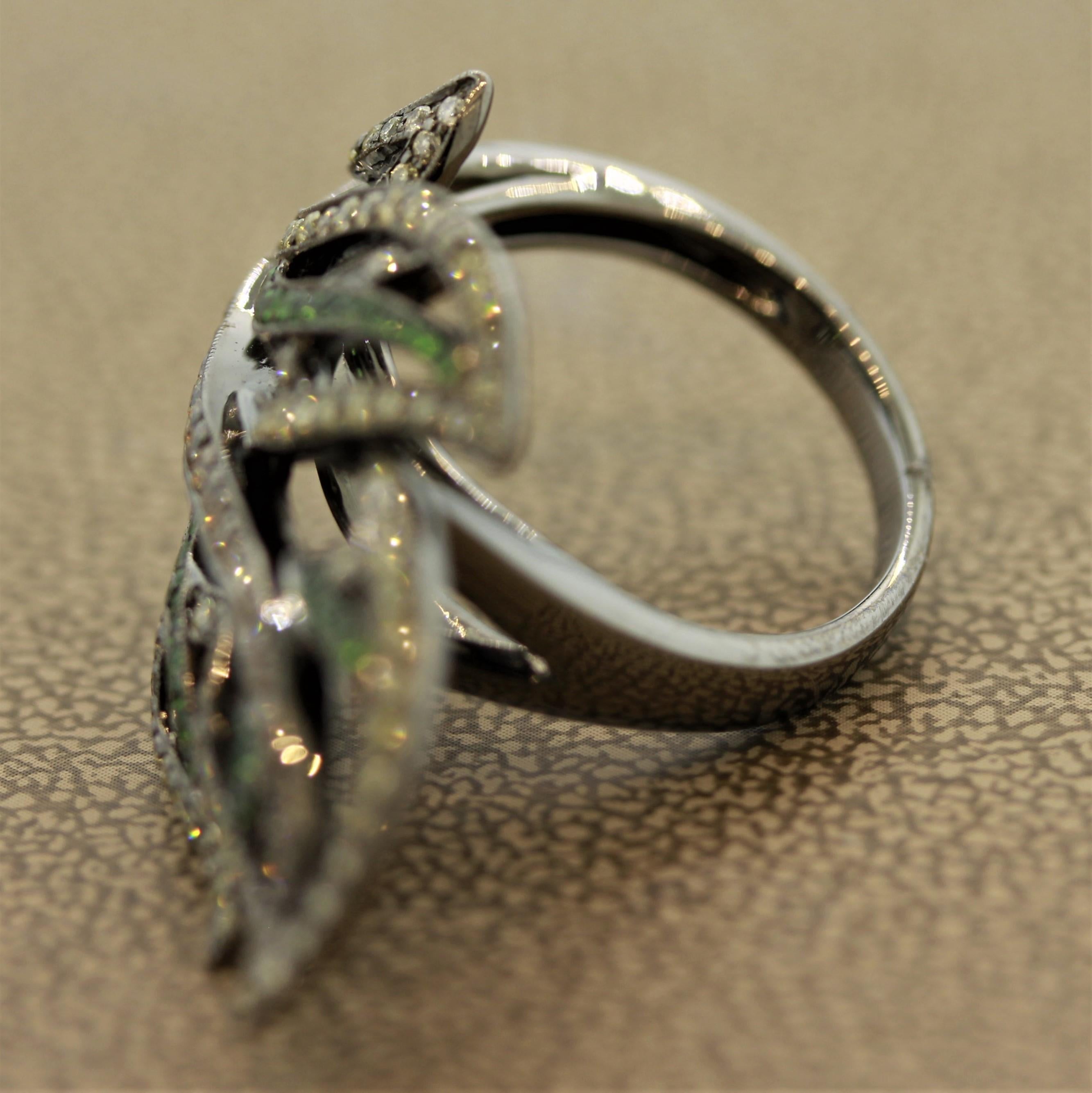 Round Cut Diamond Tsavorite Leaf Design Gold Ring For Sale