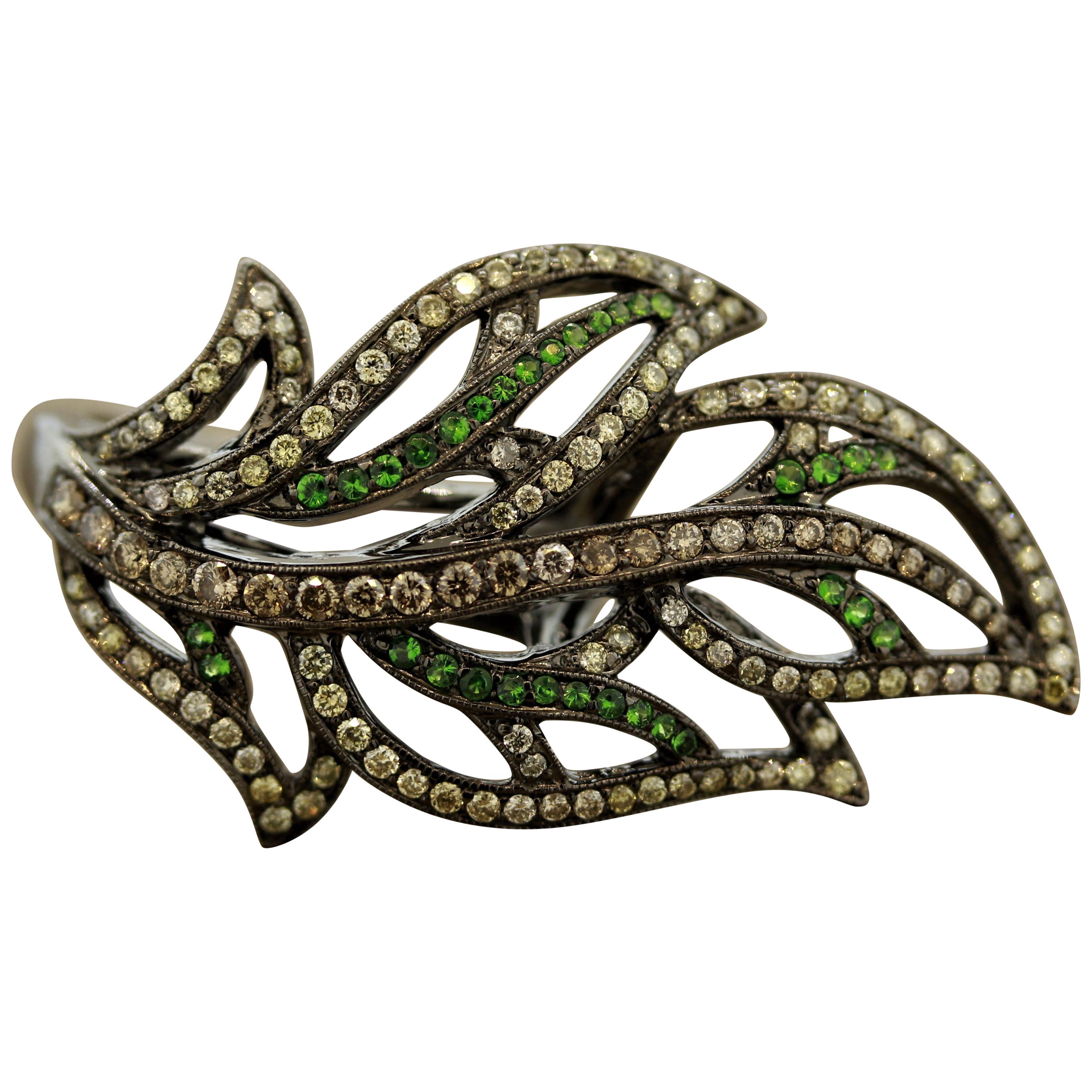 Diamond Tsavorite Leaf Design Gold Ring For Sale