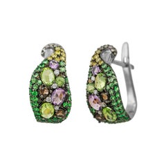 Diamond Garnet Quartz Chrysolite Designer Fashion Lever-Back Gold Earrings