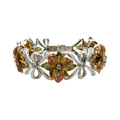 Diamond Tsavorite Ruby Enamel 18k White-Yellow Gold Flower-Ribbon Bracelet