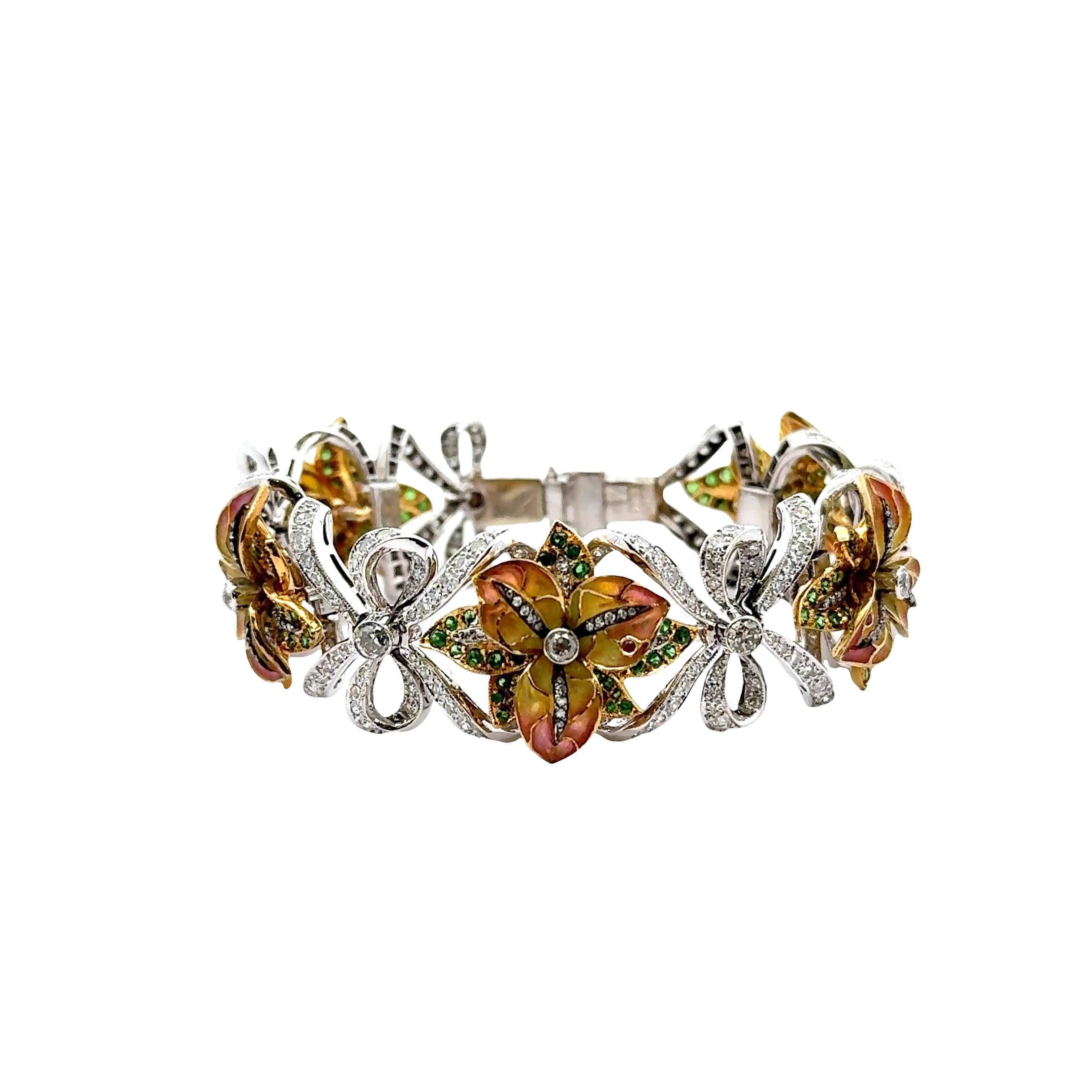 Round Cut Diamond Tsavorite Ruby Enamel 18k White-Yellow Gold Flower-Ribbon Bracelet For Sale
