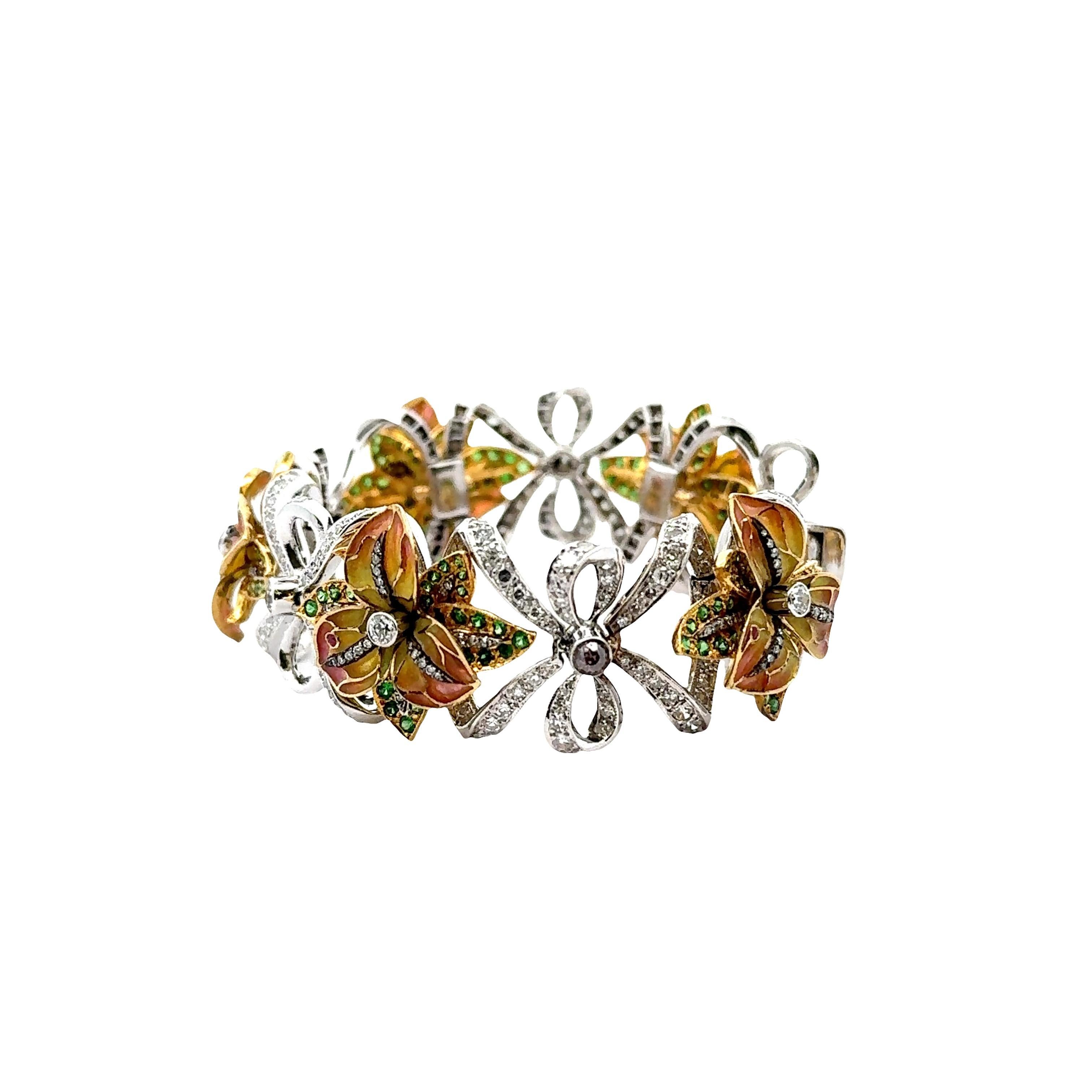 Diamond Tsavorite Ruby Enamel 18k White-Yellow Gold Flower-Ribbon Bracelet In Excellent Condition For Sale In Beverly Hills, CA