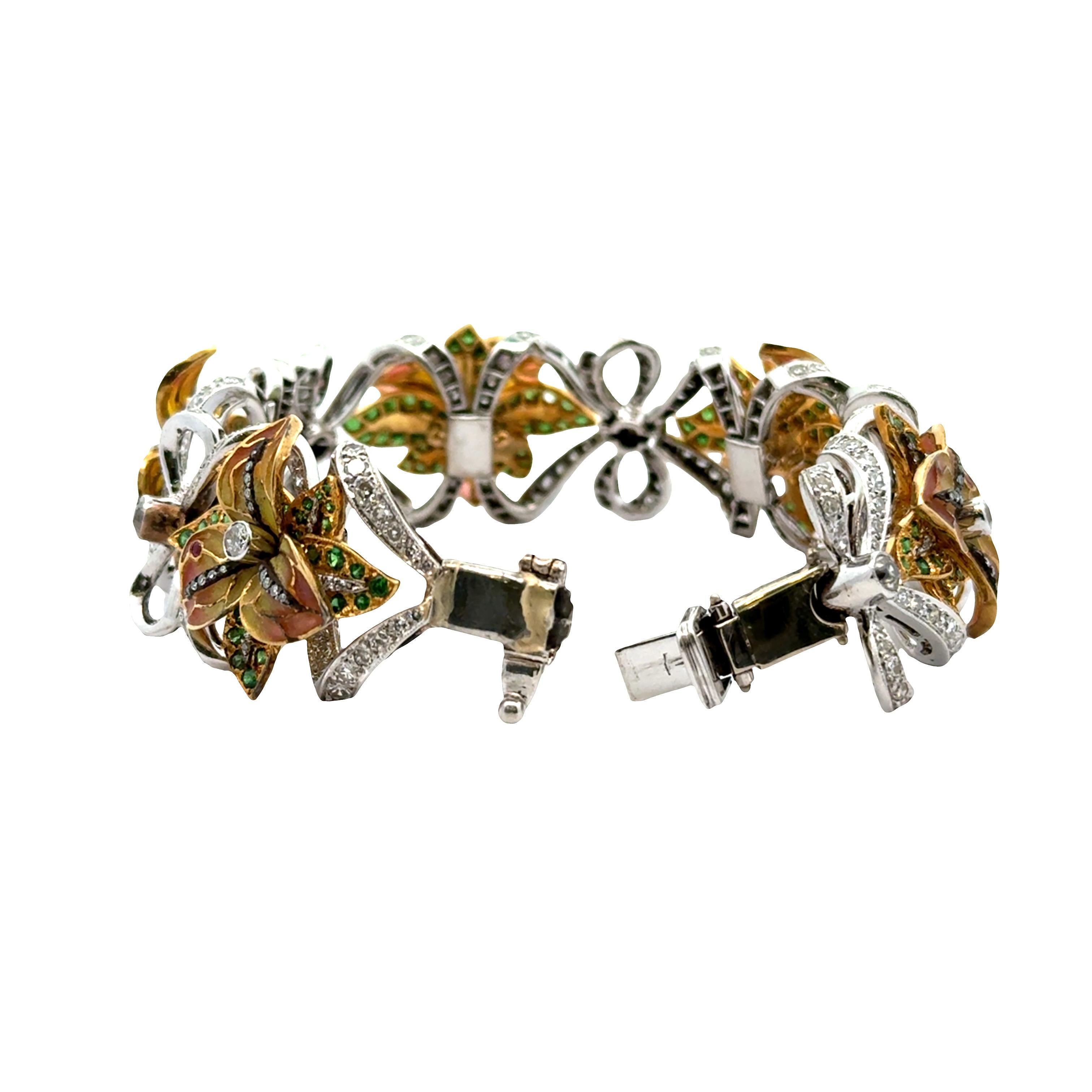 Women's Diamond Tsavorite Ruby Enamel 18k White-Yellow Gold Flower-Ribbon Bracelet For Sale