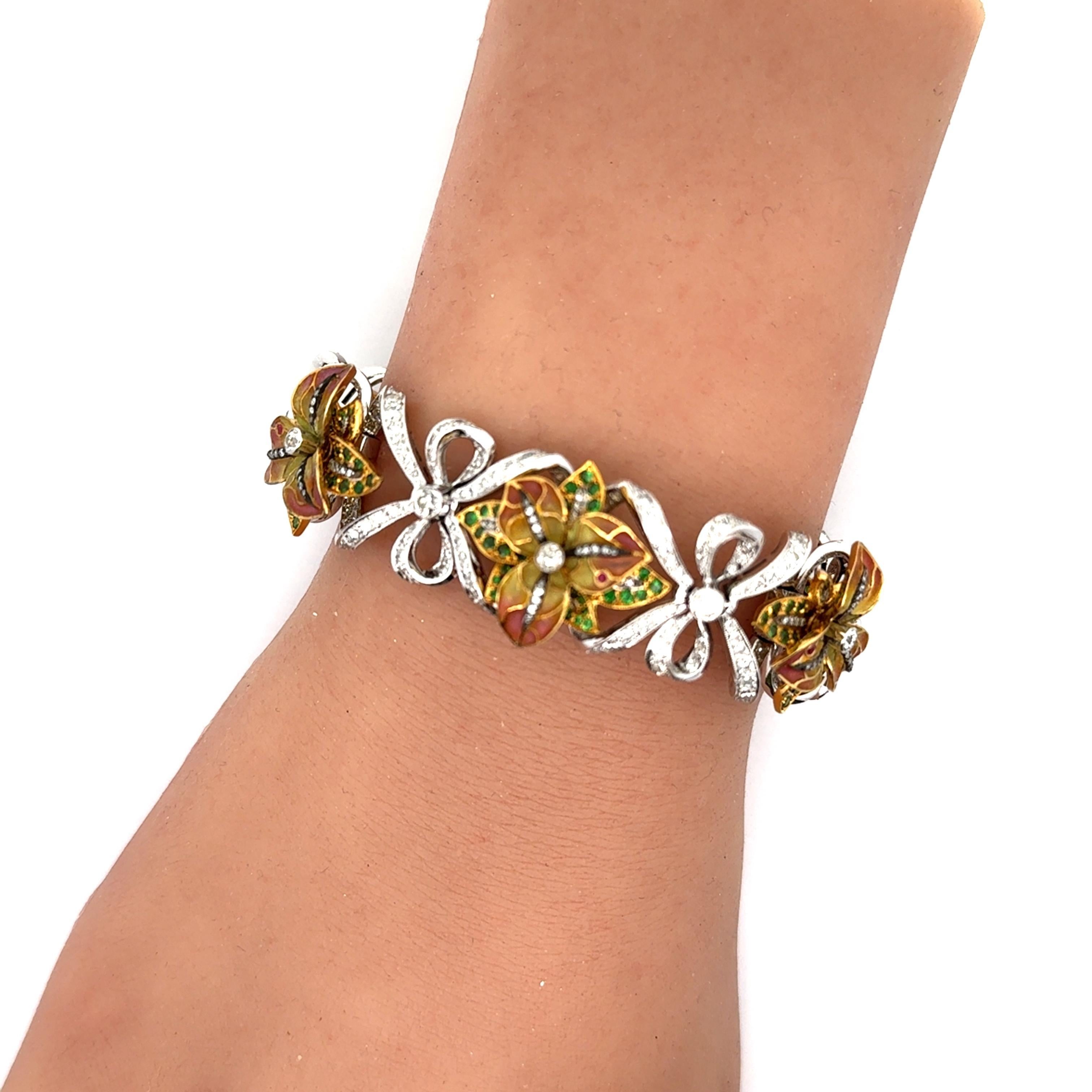 Diamond Tsavorite Ruby Enamel 18k White-Yellow Gold Flower-Ribbon Bracelet For Sale 1