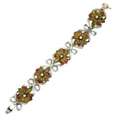 Diamond Tsavorite Ruby Enamel 18k White-Yellow Gold Flower-Ribbon Bracelet