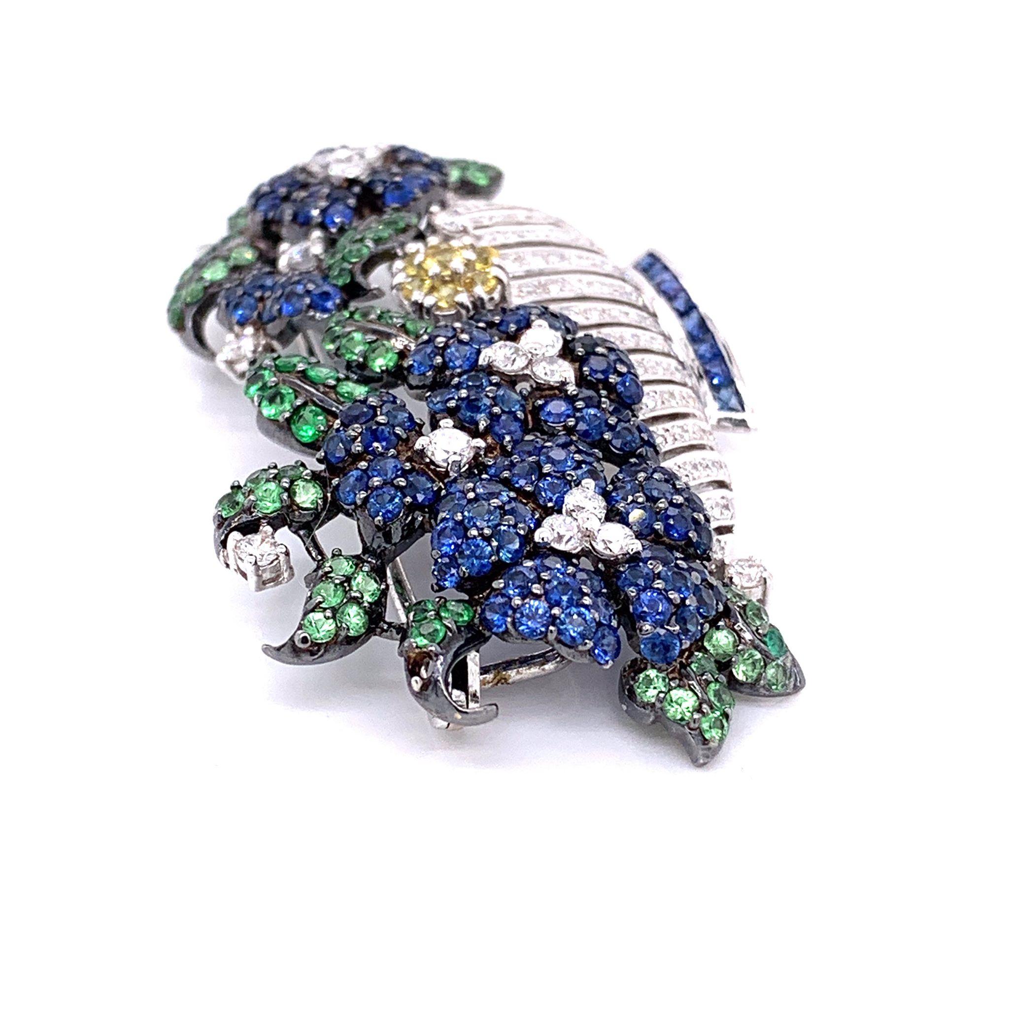 Diamond Tsavorite Sapphire Gold Floral Brooch In New Condition For Sale In Beverly Hills, CA