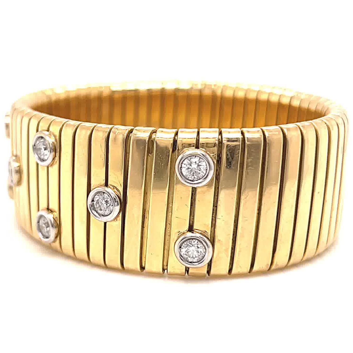 Round Cut Diamond Tubogas Bangle Bracelet 18k Gold Vintage, Italian